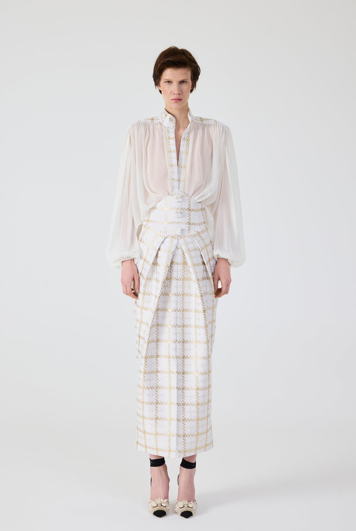 Haleia Gold Plaid Midi Skirt