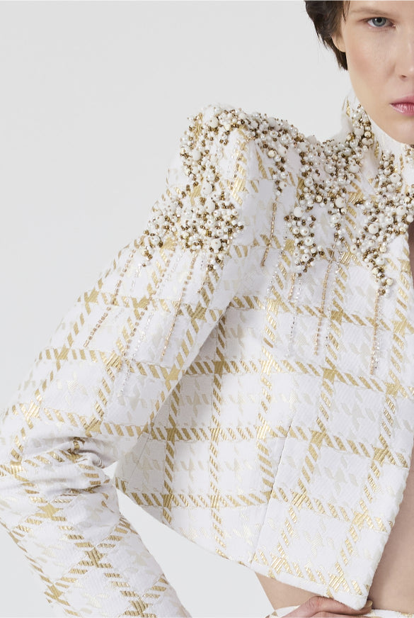 Haleia Gold Plaid Embroidery Crop Jacket
