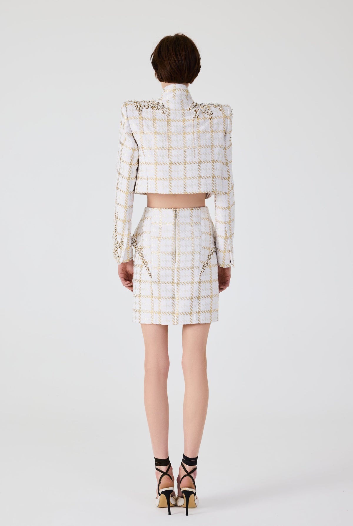 Haleia Gold Plaid Embroidery Mini Skirt