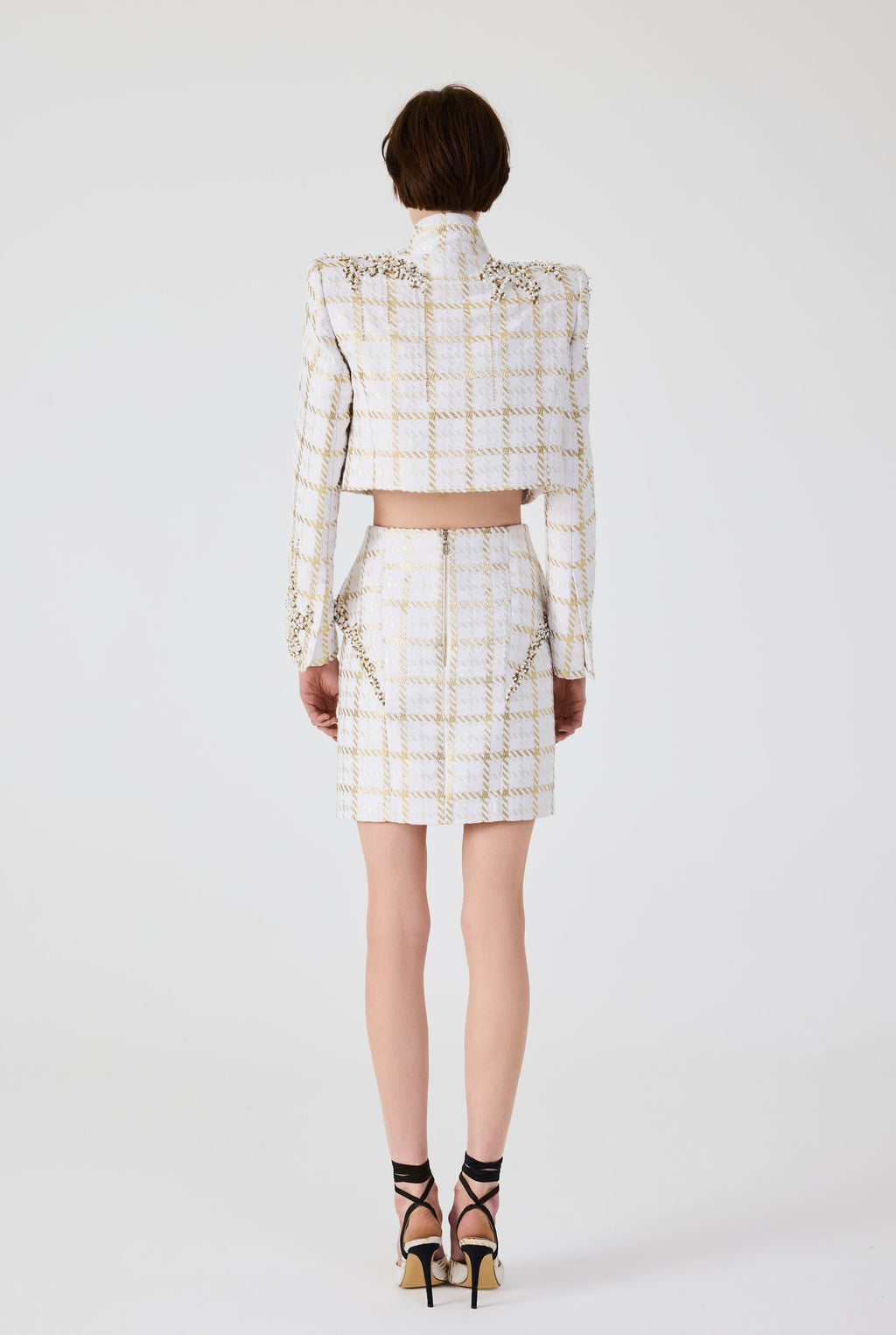 Haleia Gold Plaid Embroidery Crop Jacket
