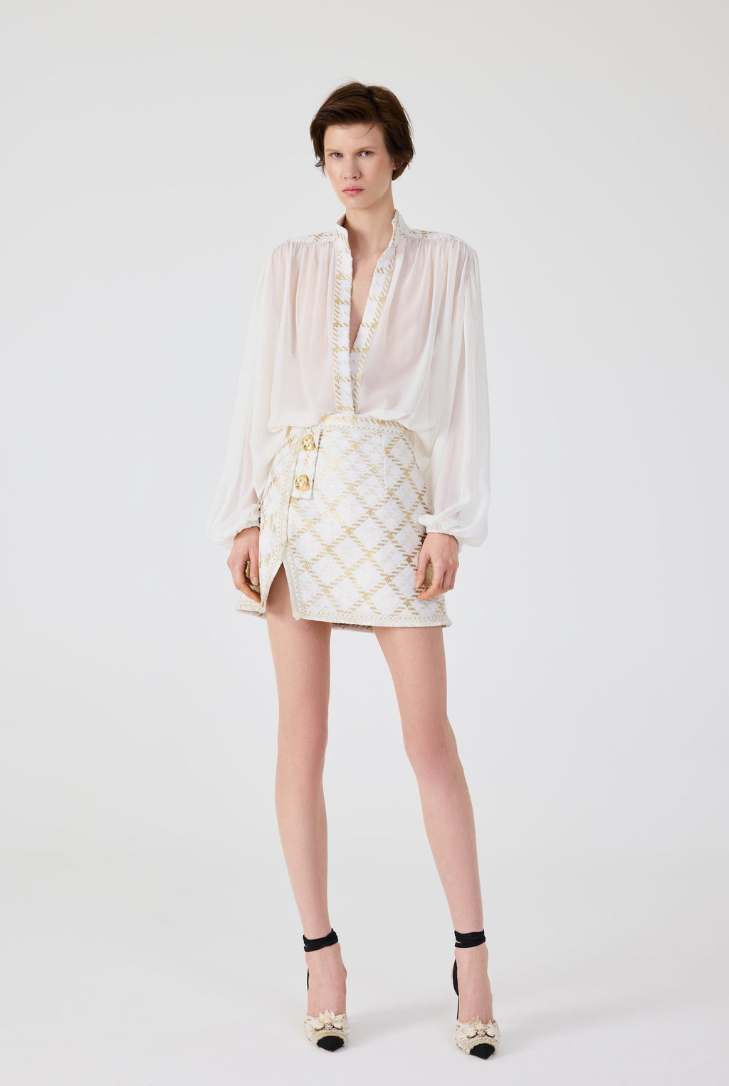 Haleia Gold Plaid Mini Skirt