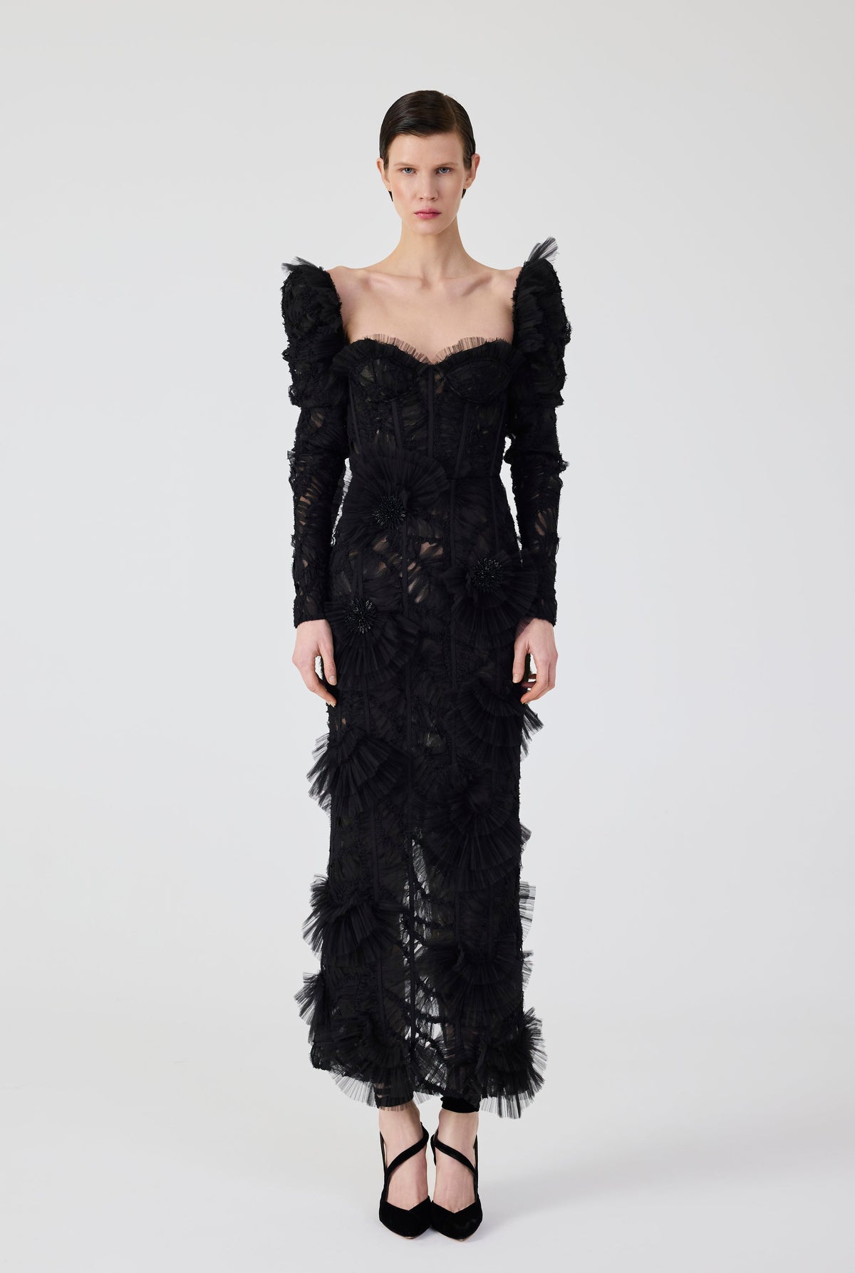 Haleia Flounce Black Midi Dress
