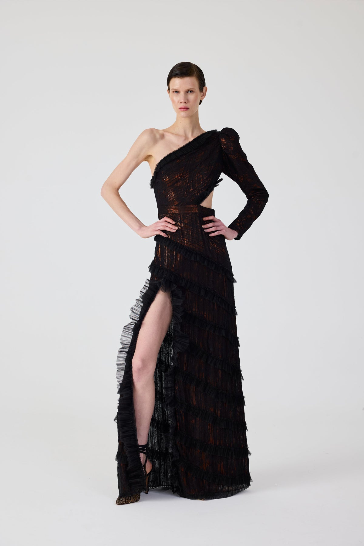 Haleia One Shoulder Dantel Long Dress