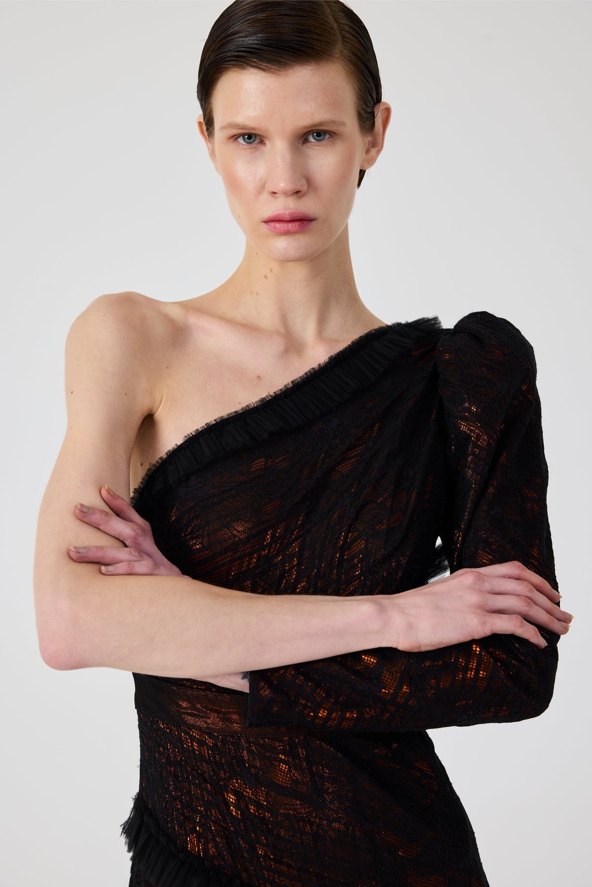 Haleia One Shoulder Dantel Long Dress