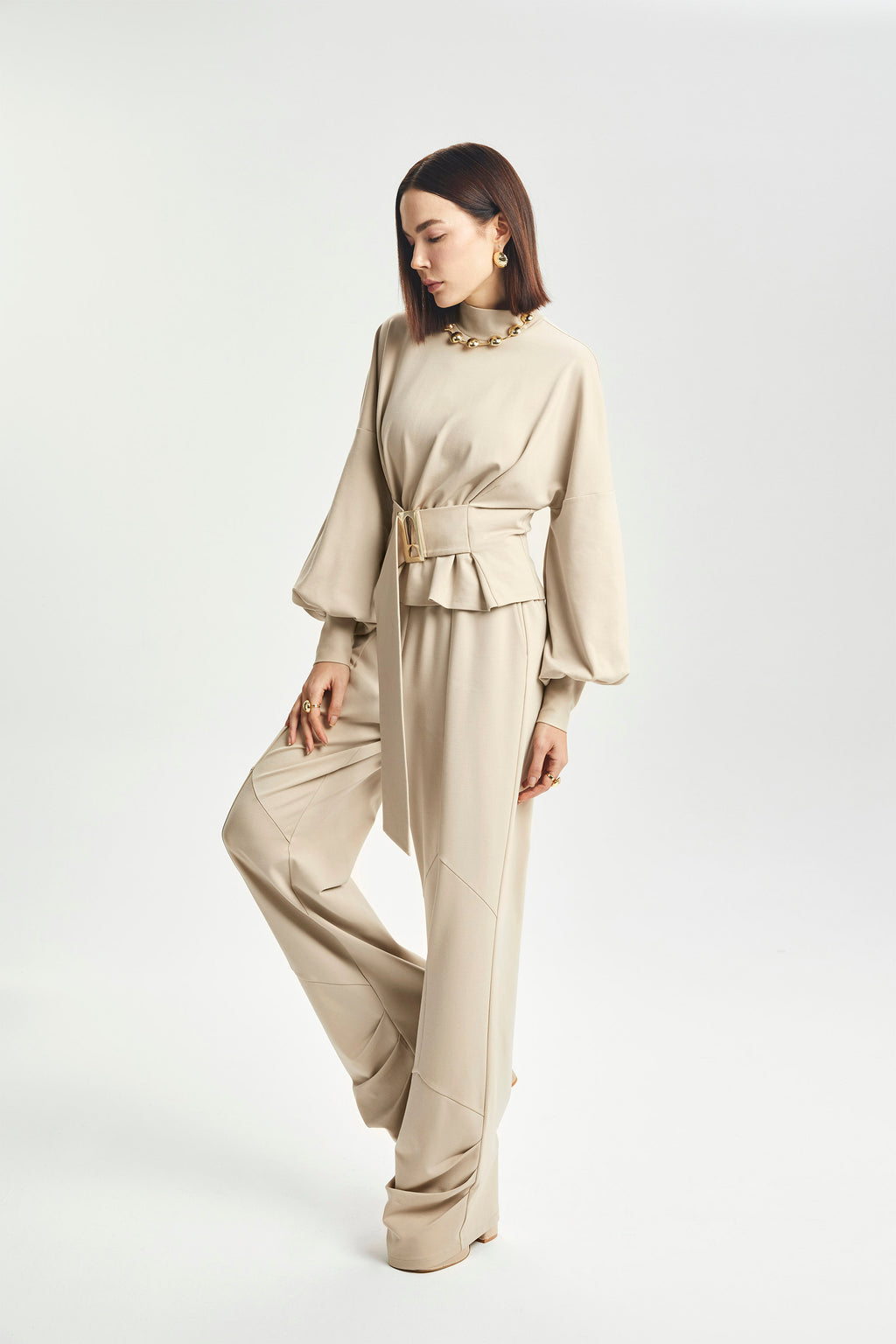 Haleia Ecru Düz Paça Triko Pantolon