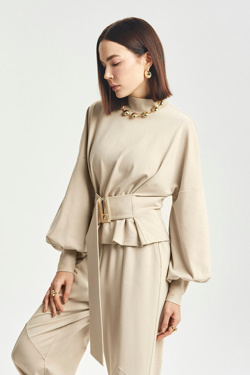 Haleia Kuşaklı Balon Kollu Triko Bluz