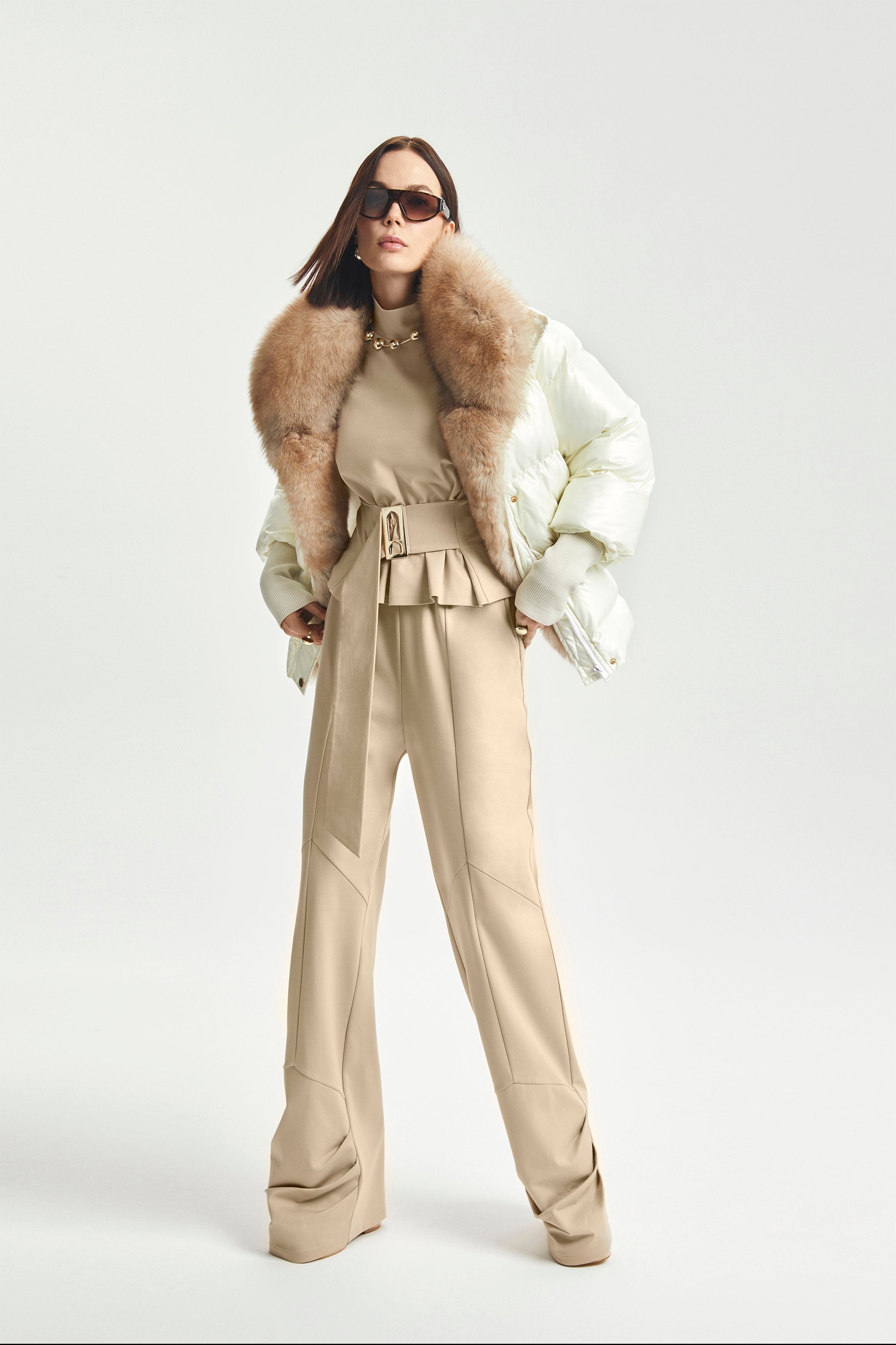 Haleia Ecru Düz Paça Triko Pantolon