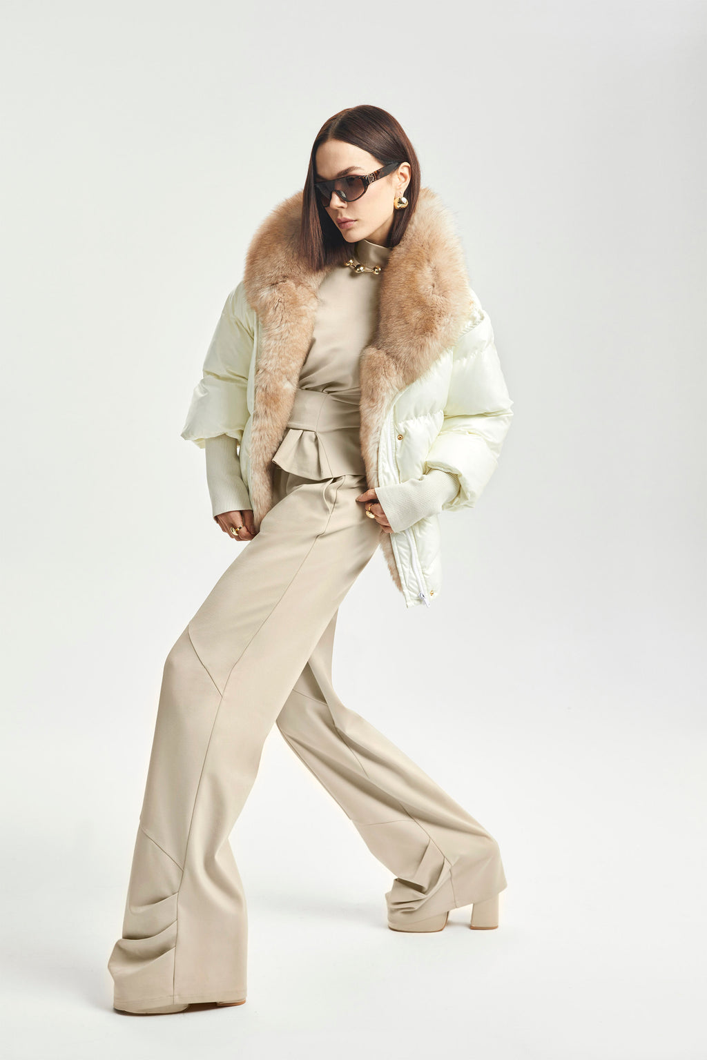 Haleia Ecru Düz Paça Triko Pantolon