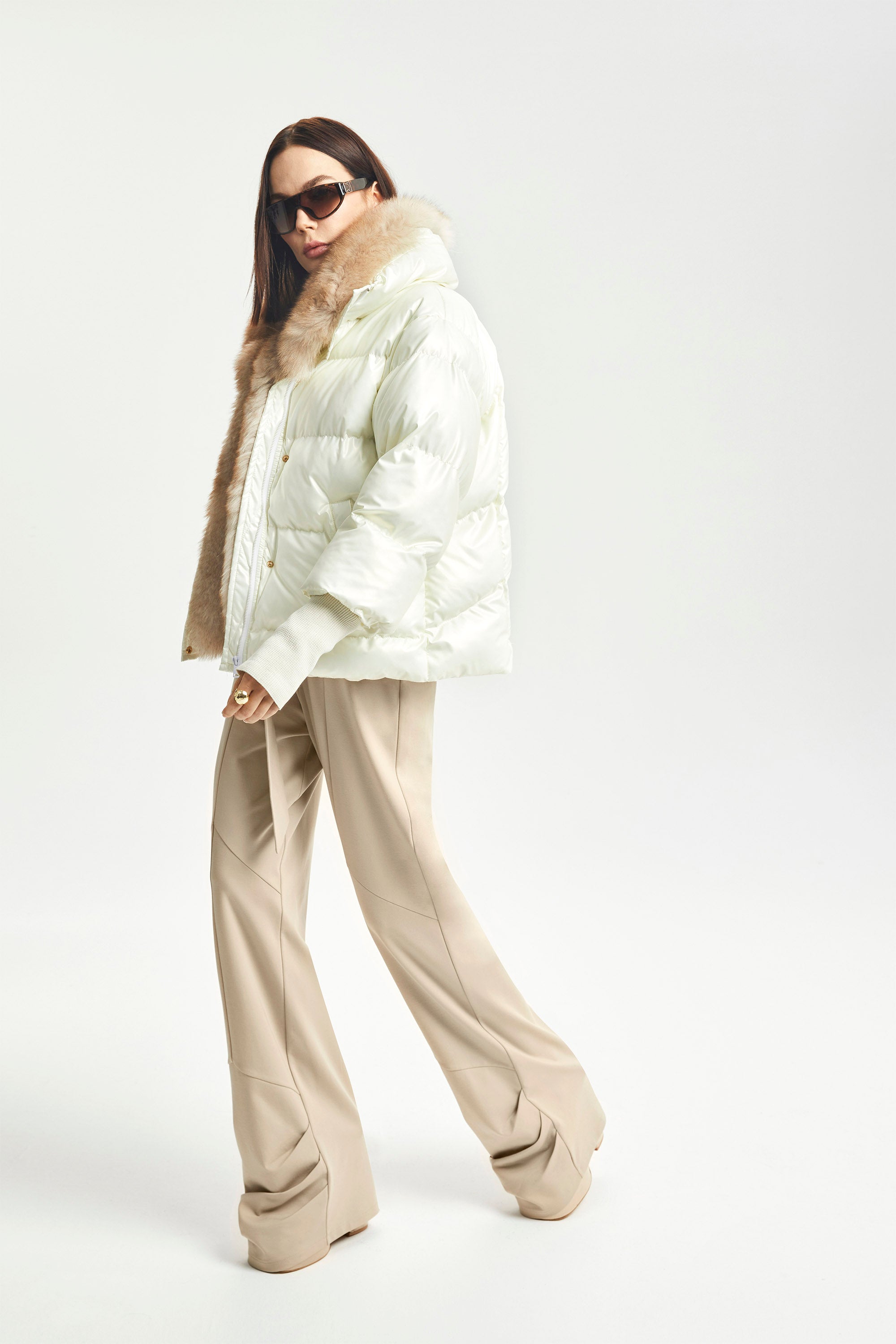 Haleia Suni Kürk Yakalı Ekru Puffer Ceket