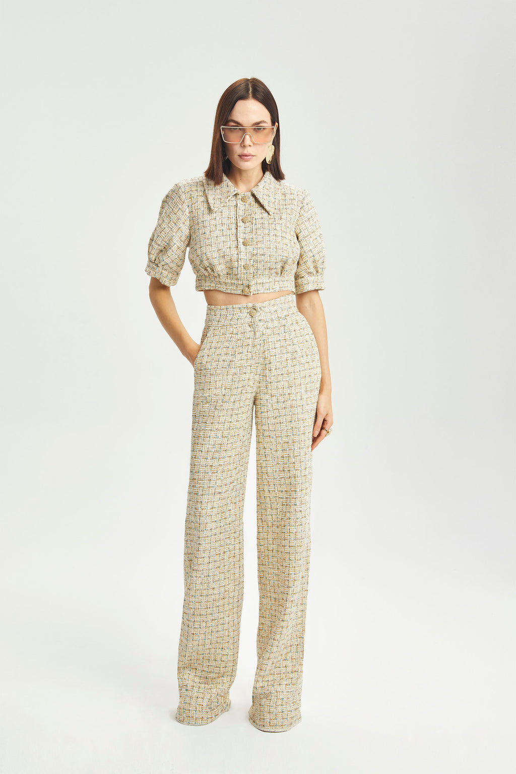 Haleia Balloon-Sleeve Cropped Bouclé Ceket