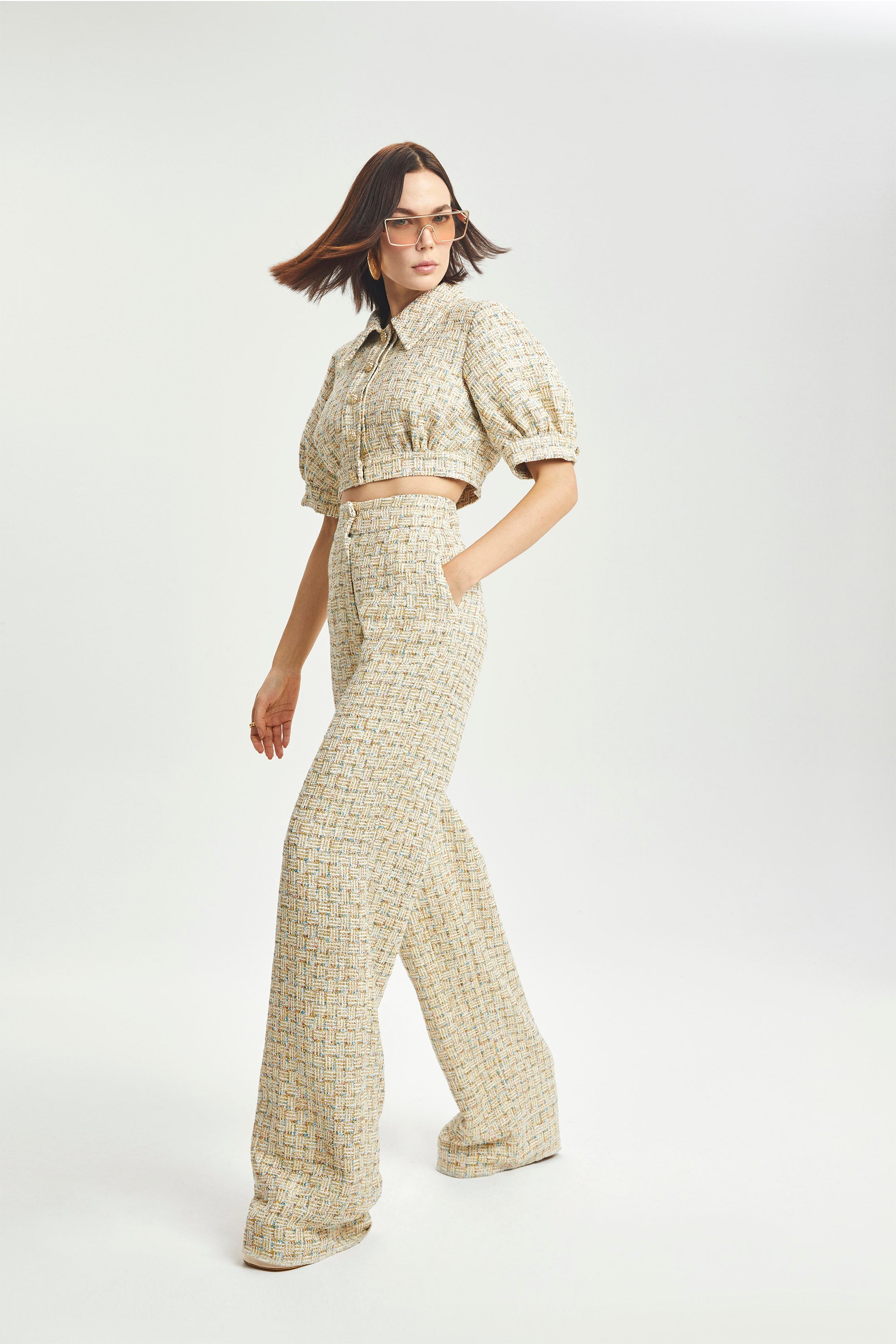 Haleia Balloon-Sleeve Cropped Bouclé Ceket