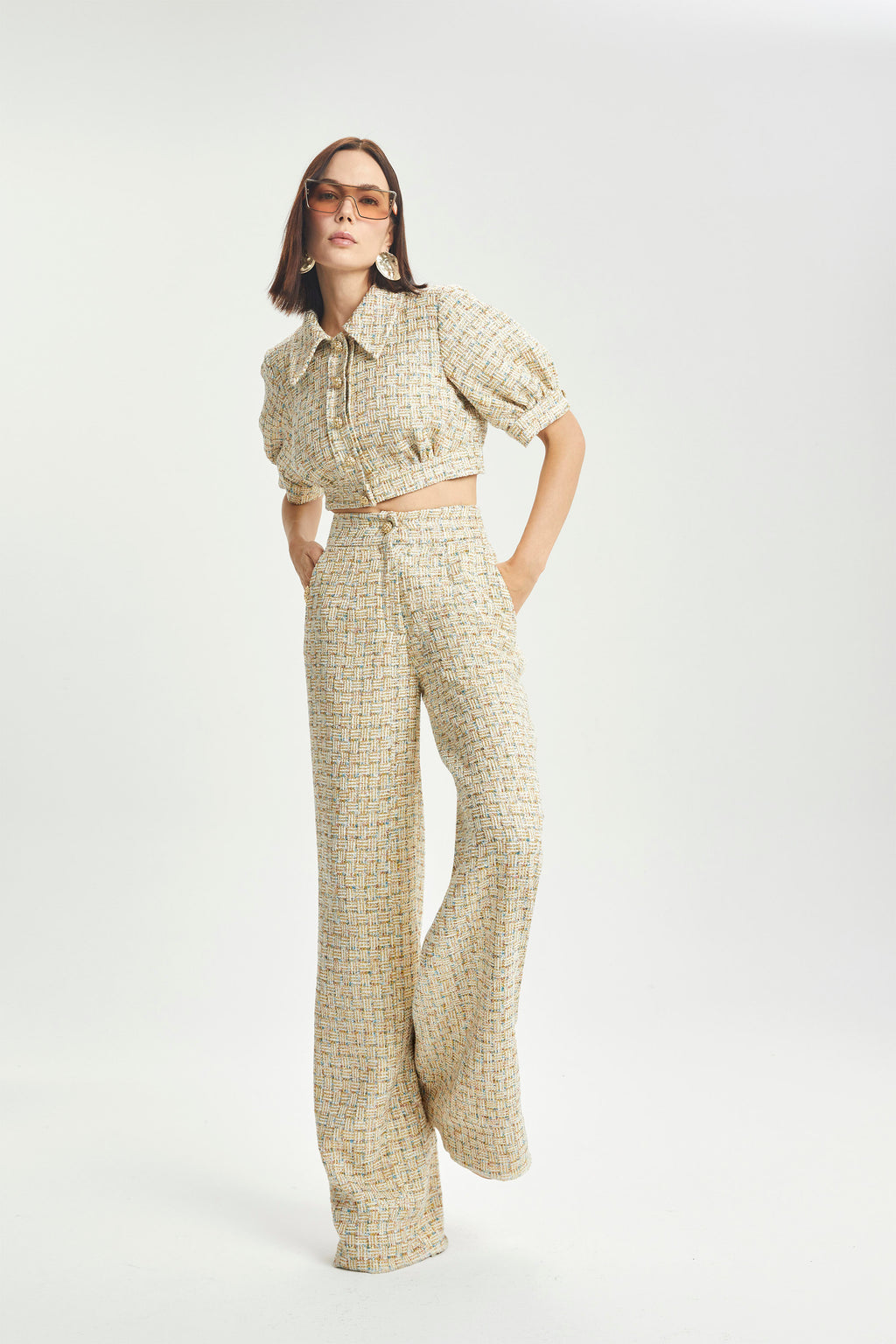 Haleia Balloon-Sleeve Cropped Bouclé Ceket