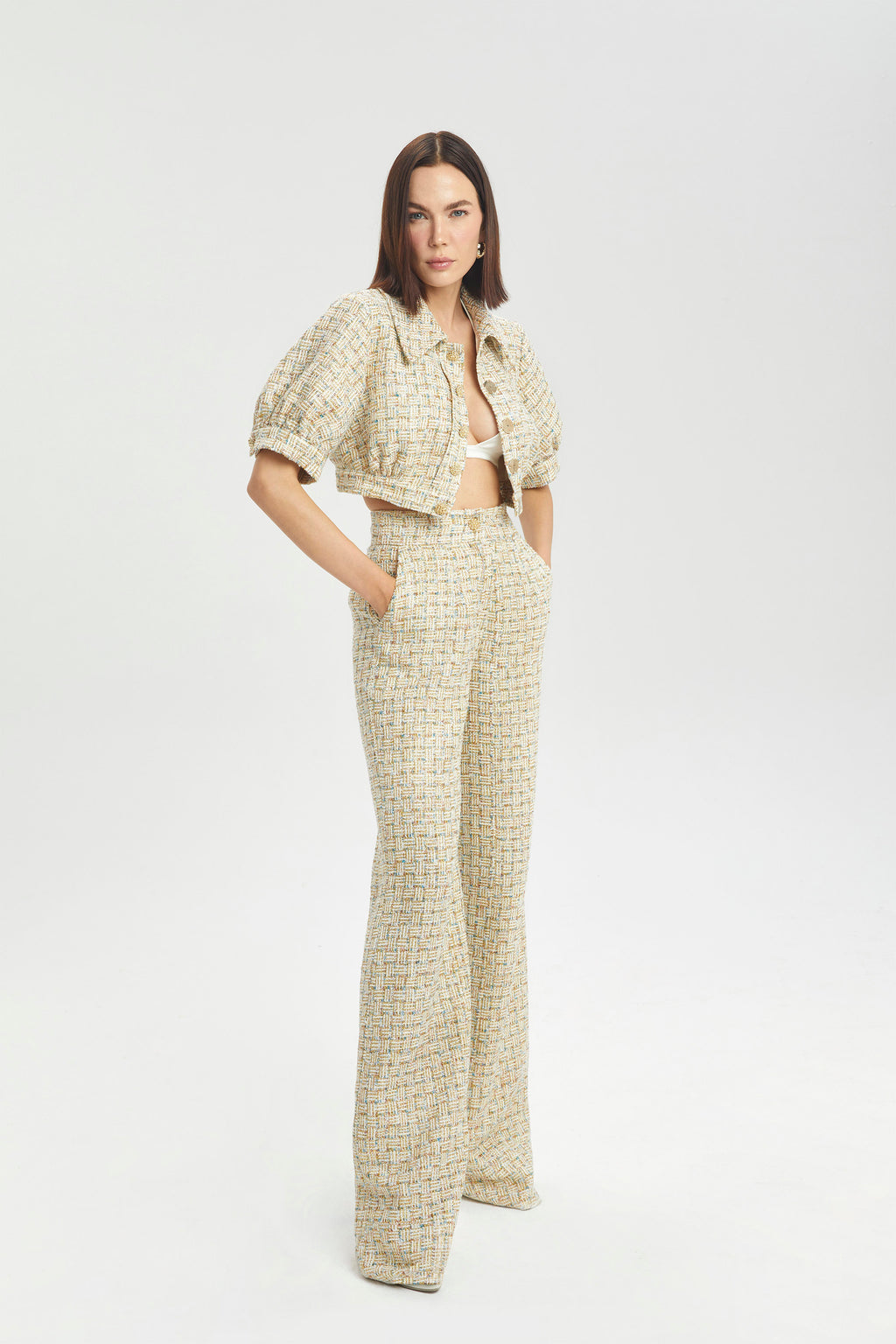 Haleia Balloon-Sleeve Cropped Bouclé Ceket