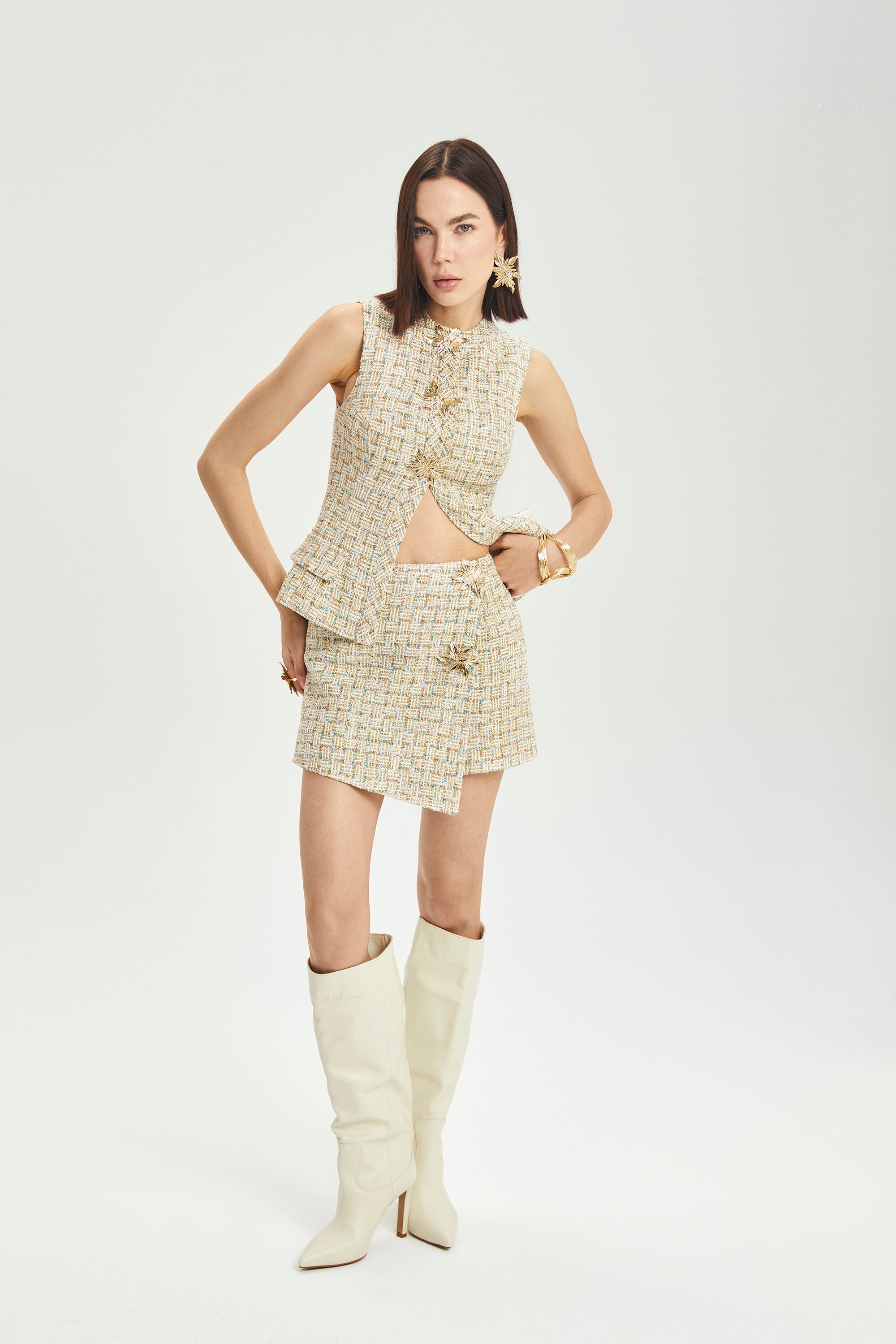 Haleia Altın Detaylı Kısa Kollu Bouclé Yelek