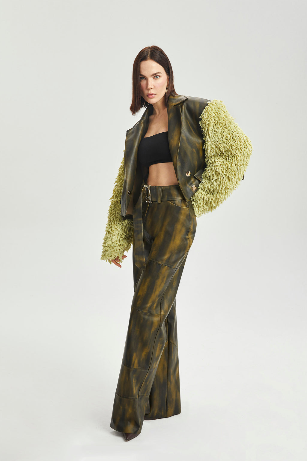 Haleia Suni Kürk Kollu Cropped Deri Ceket