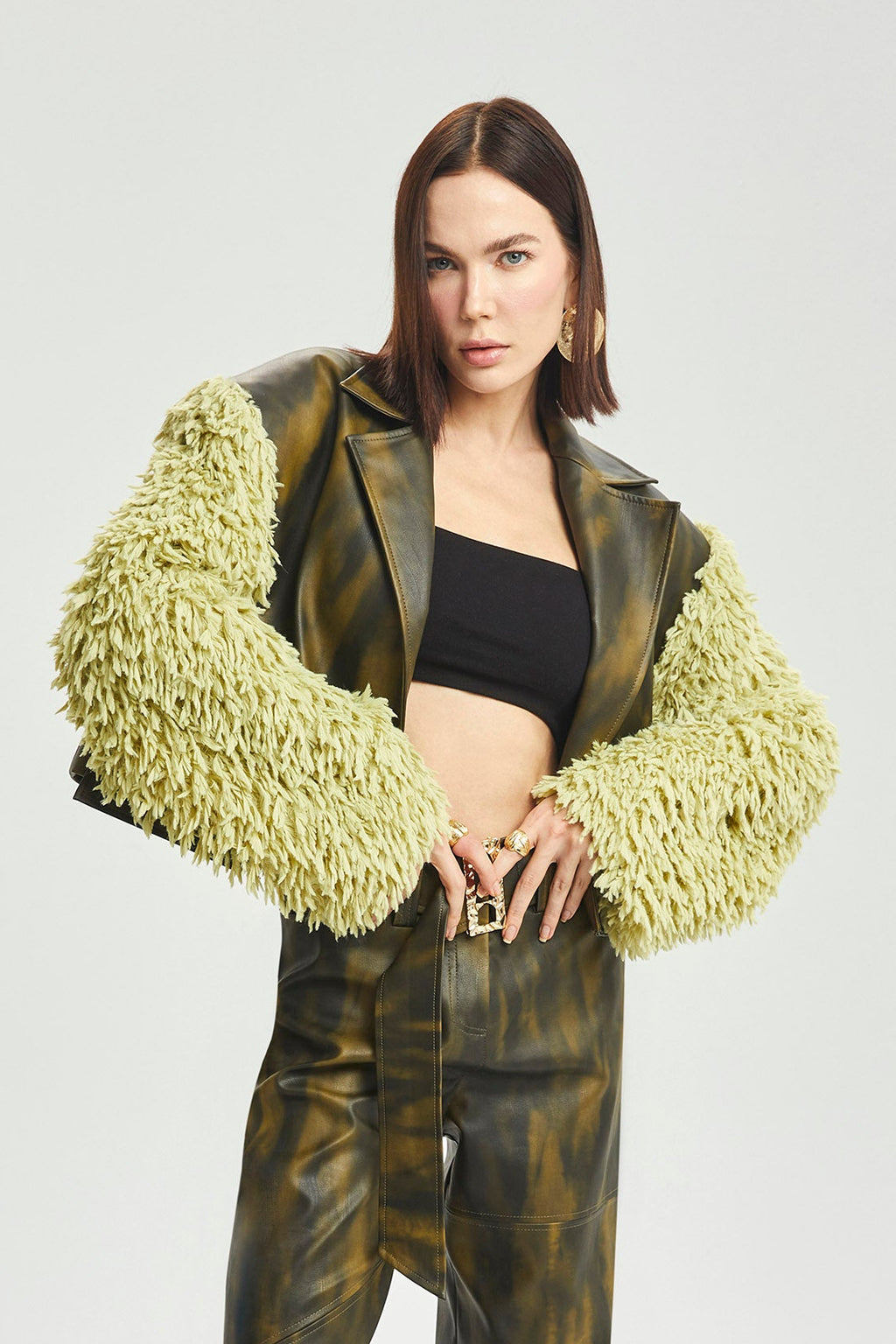 Haleia Suni Kürk Kollu Cropped Deri Ceket