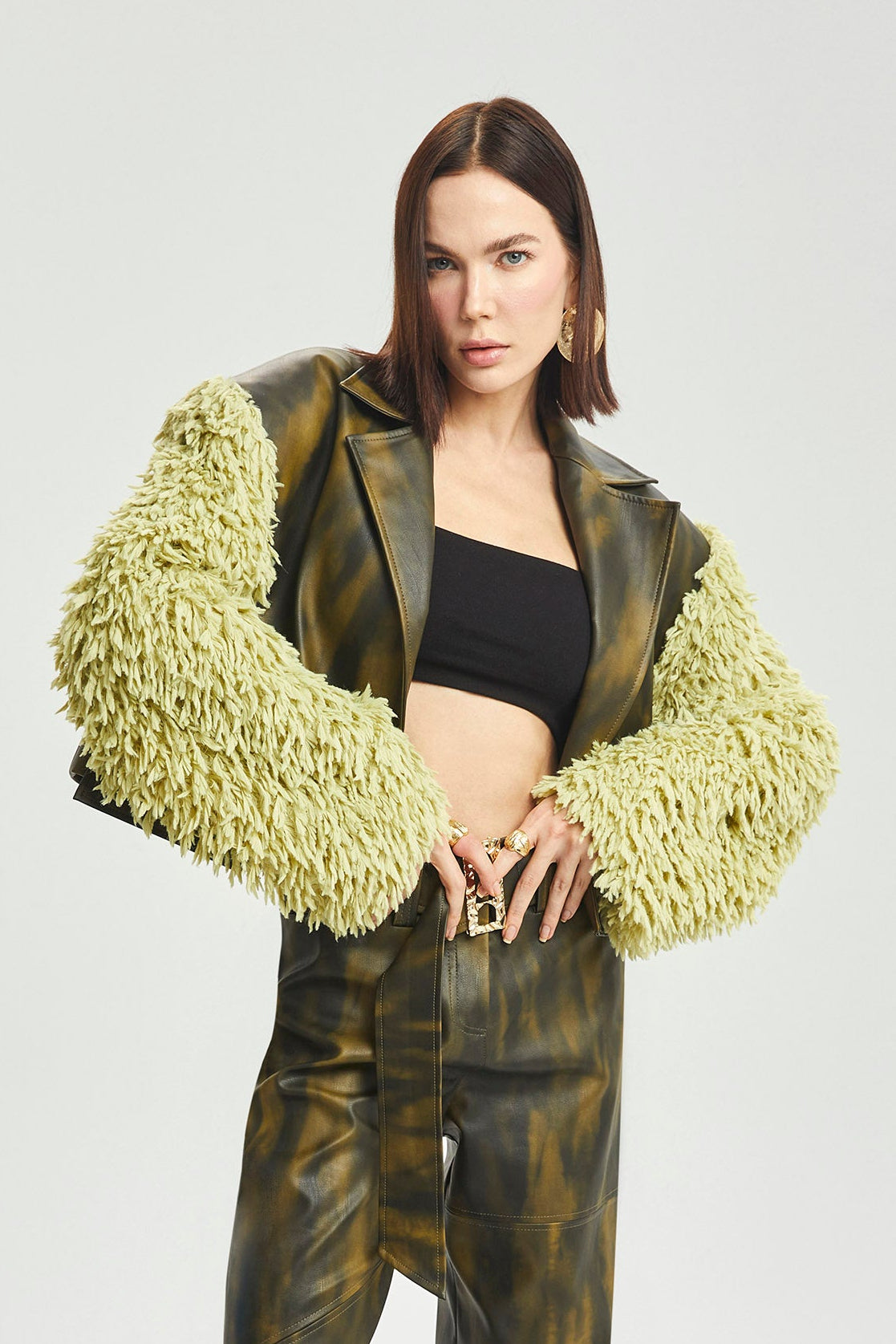 Haleia Suni Kürk Kollu Cropped Deri Ceket