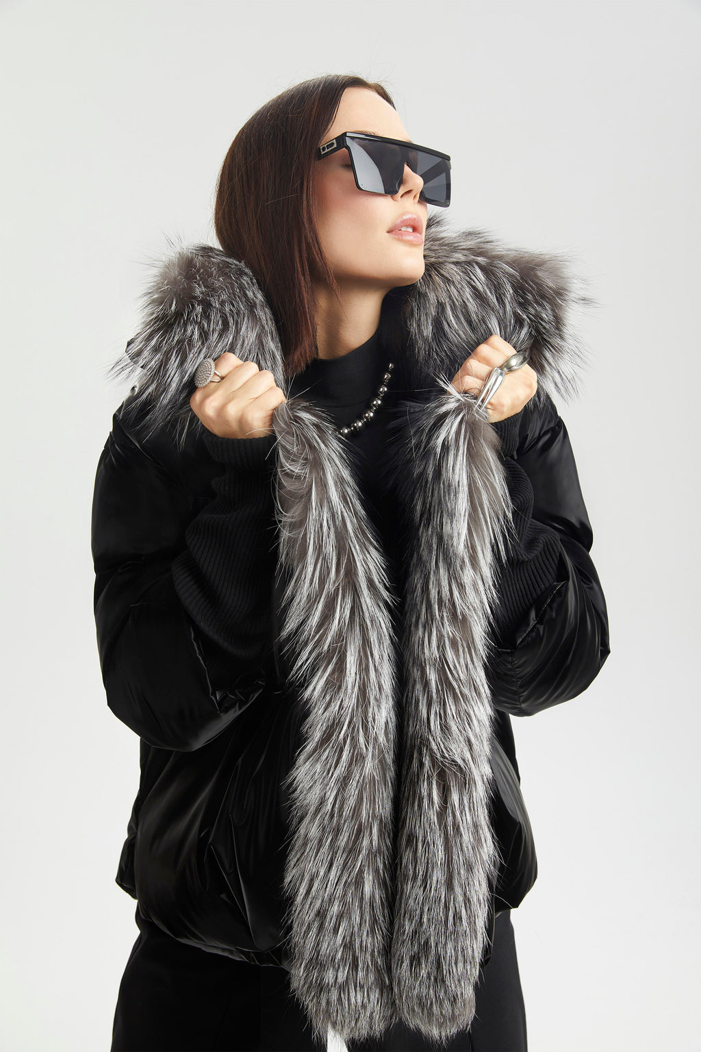 Haleia Parlak Suni Kürk Yaka Detaylı Puffer Ceket