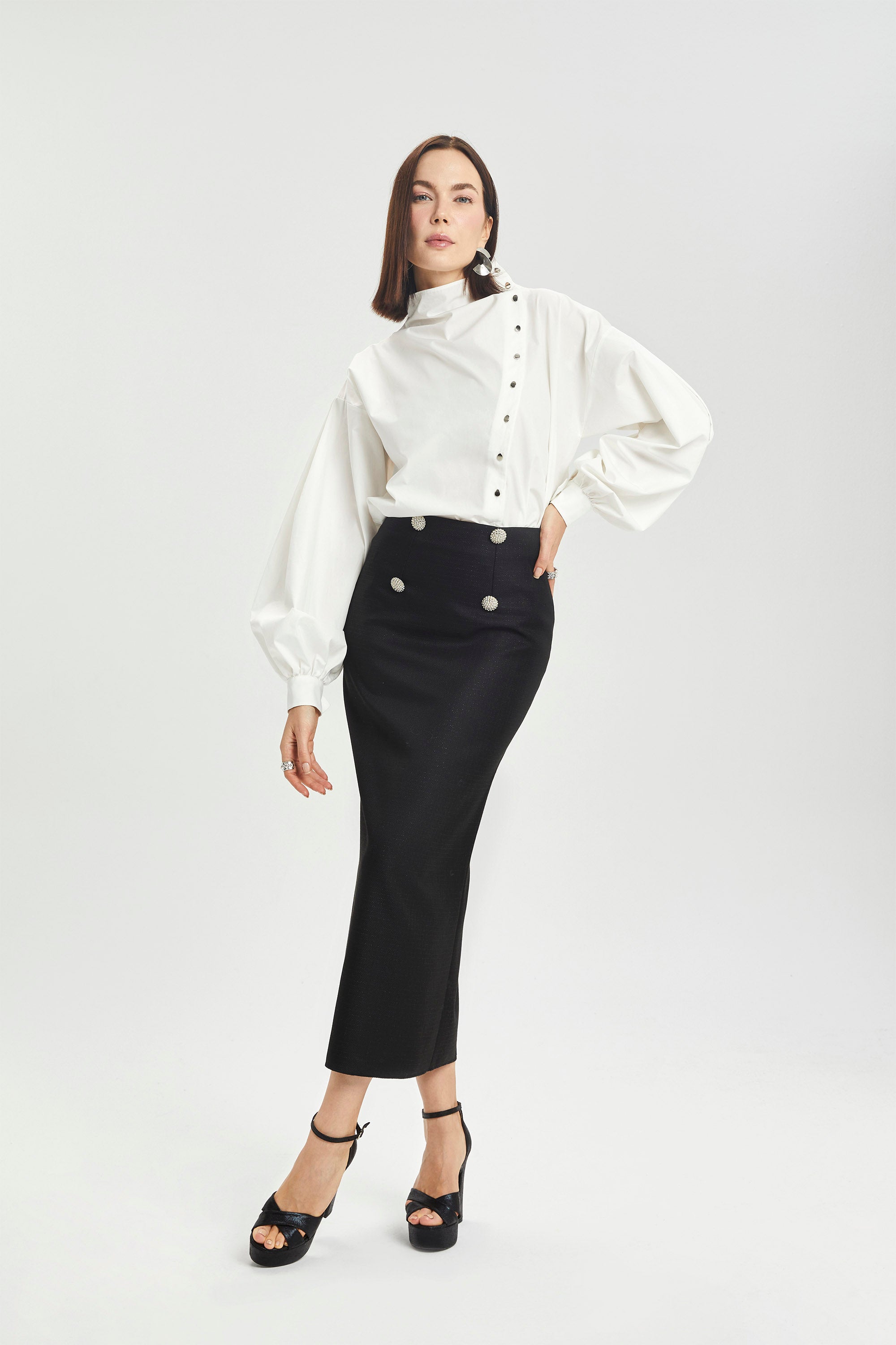 Haleia Silver Detaylı Yırtmaçlı Midi Kalem Etek