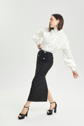 Haleia Silver Detailed Slit Midi Pencil Skirt