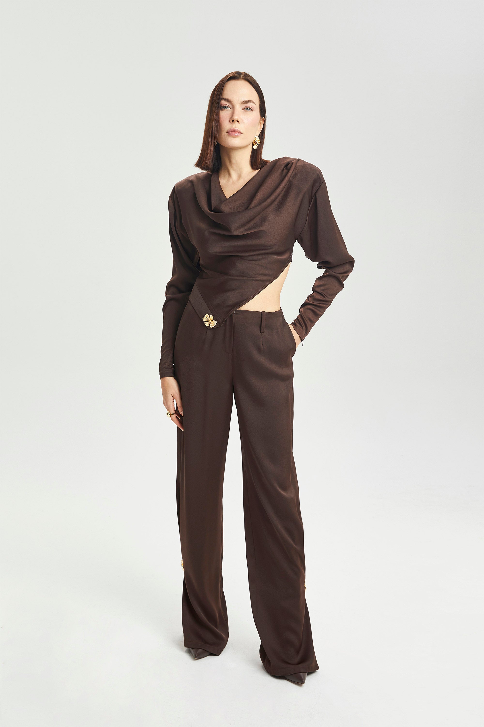 Haleia Asimetrik Drapeli Saten Bluz