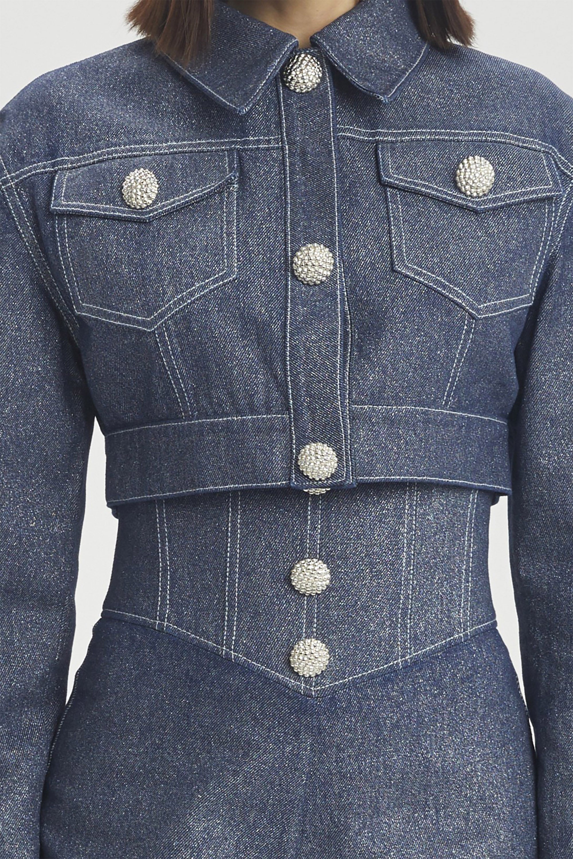 Haleia Kontrast Dikişli Cepli Kısa Denim Ceket