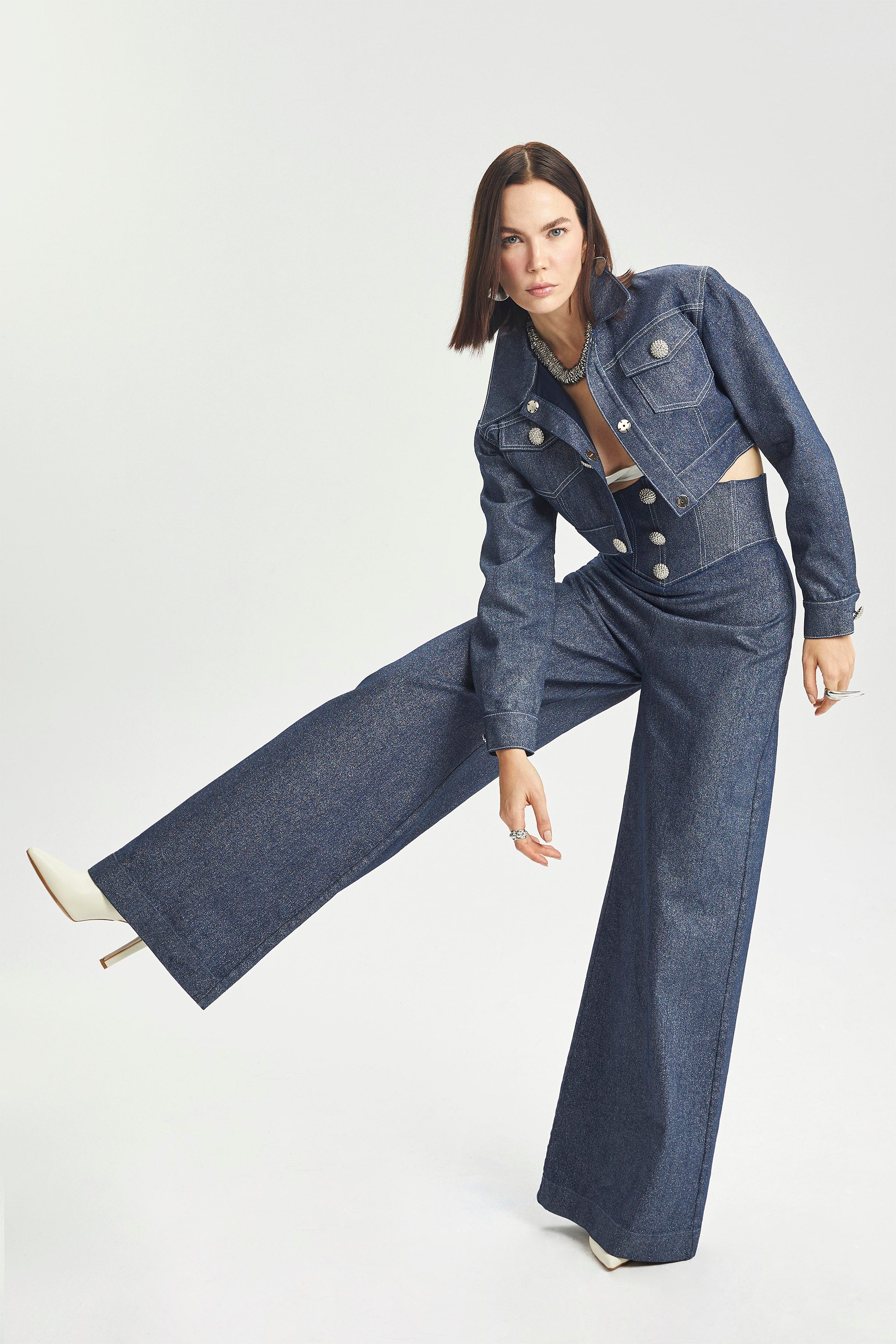 Haleia Corset Bel Detaylı Geniş Paça Denim Pantolon