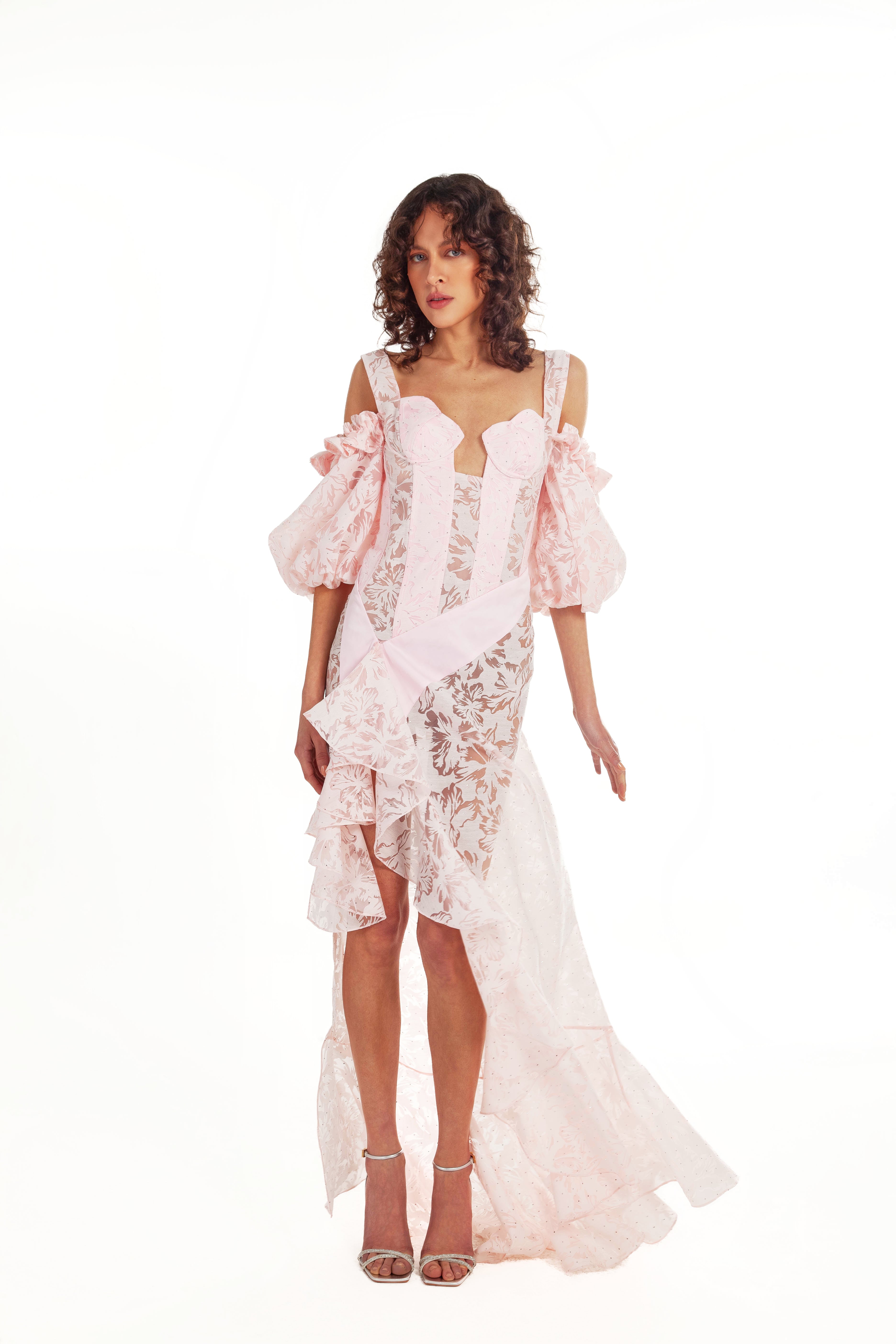 Haleia Dreamy Pink Panero Devore Balon Kollu Maksi Elbise