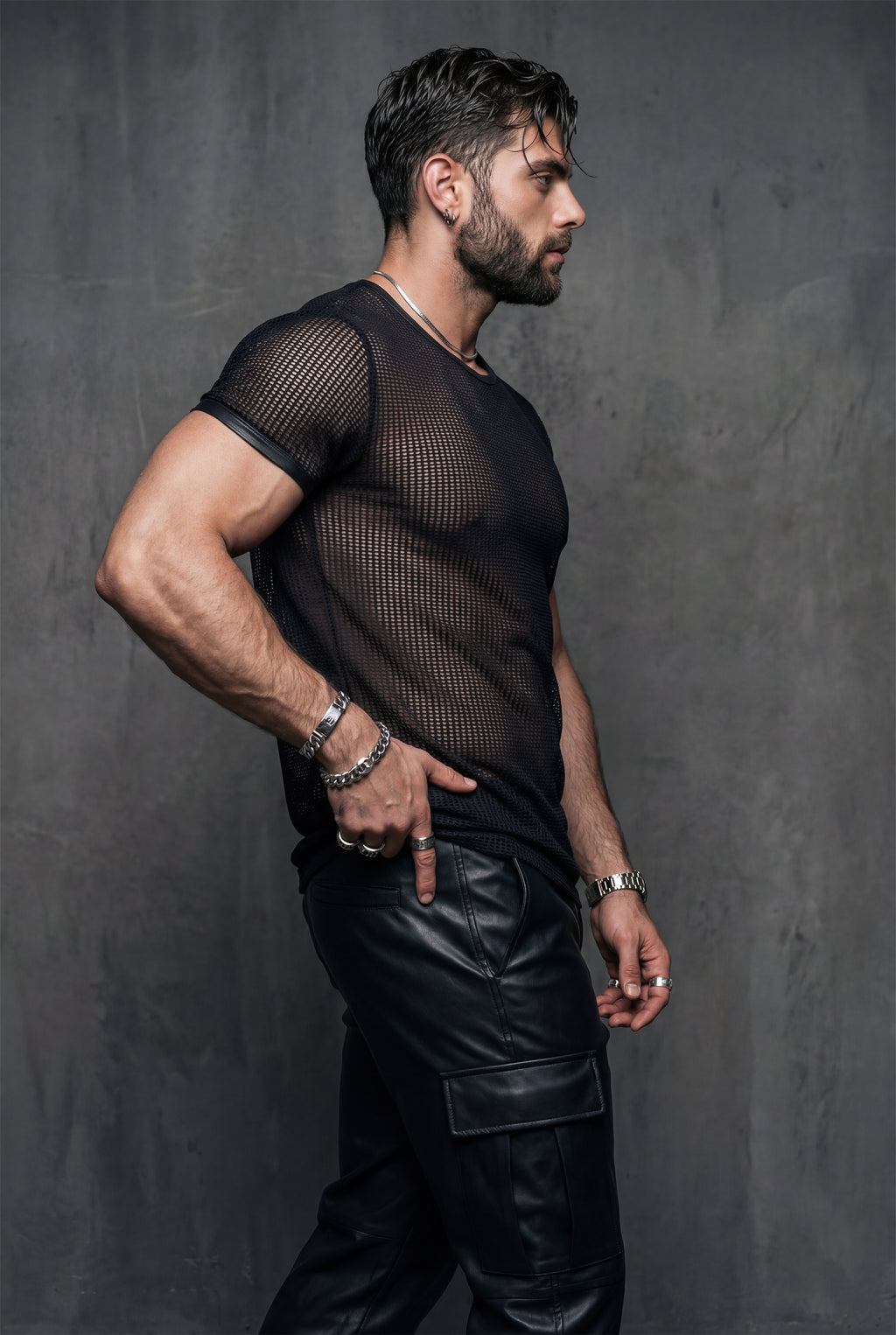 Piel Deri Detaylı File Tshirt