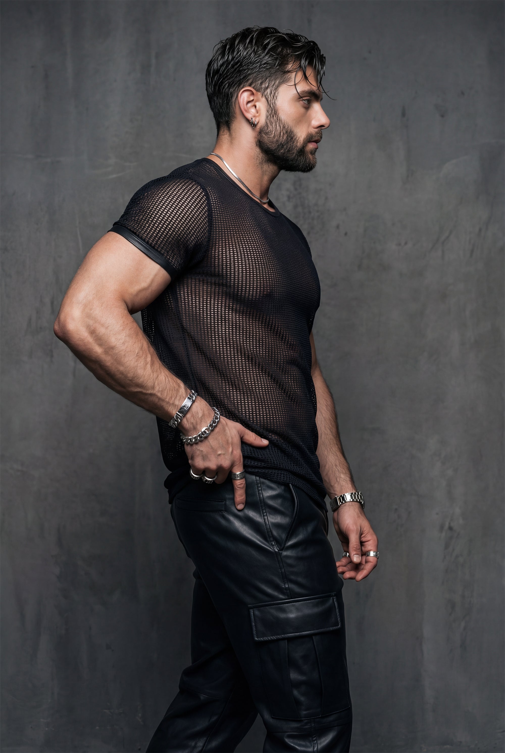 Piel Deri Detaylı File Tshirt