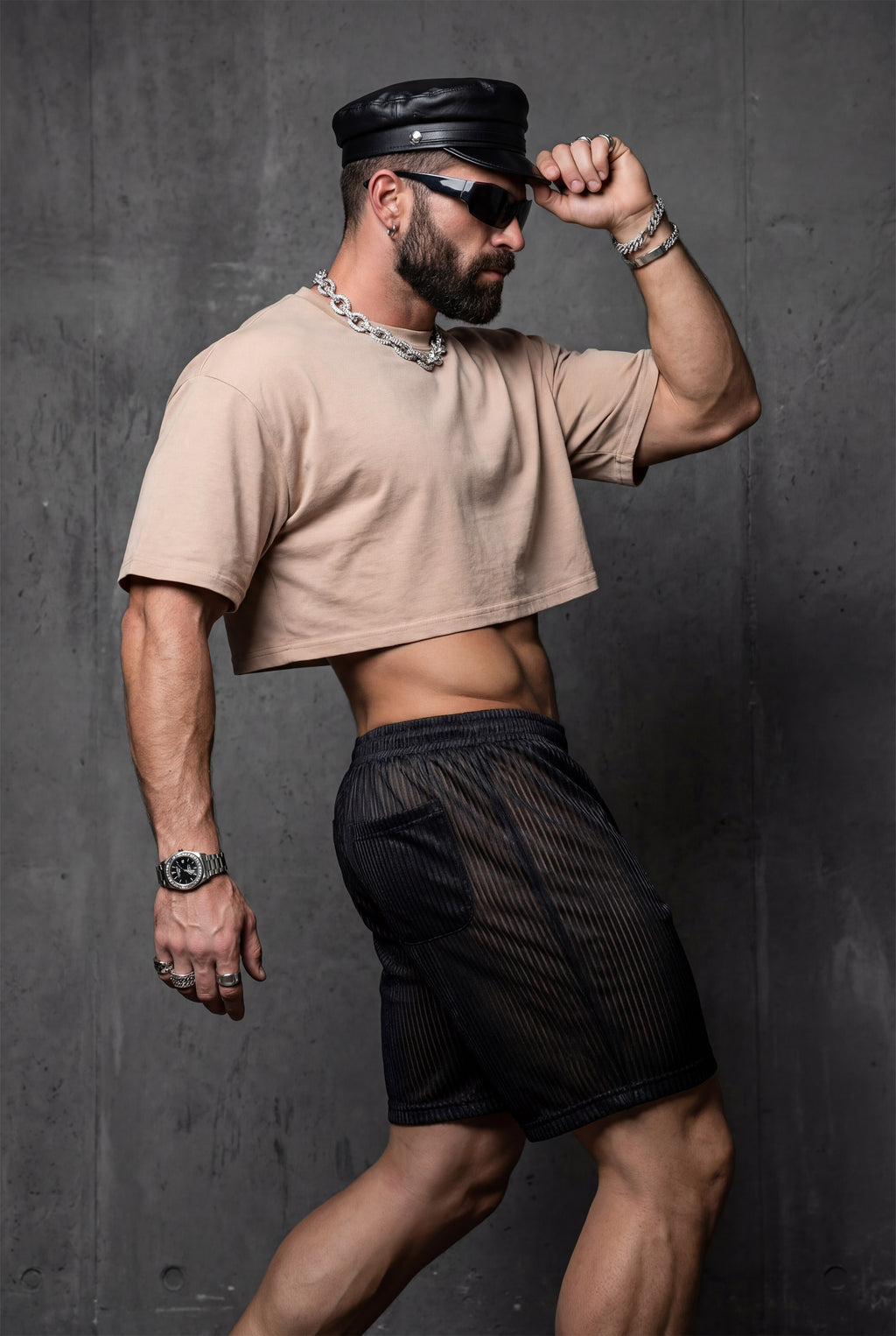 Piel Siyah Metalik Çizgili Transparan Mesh Şort