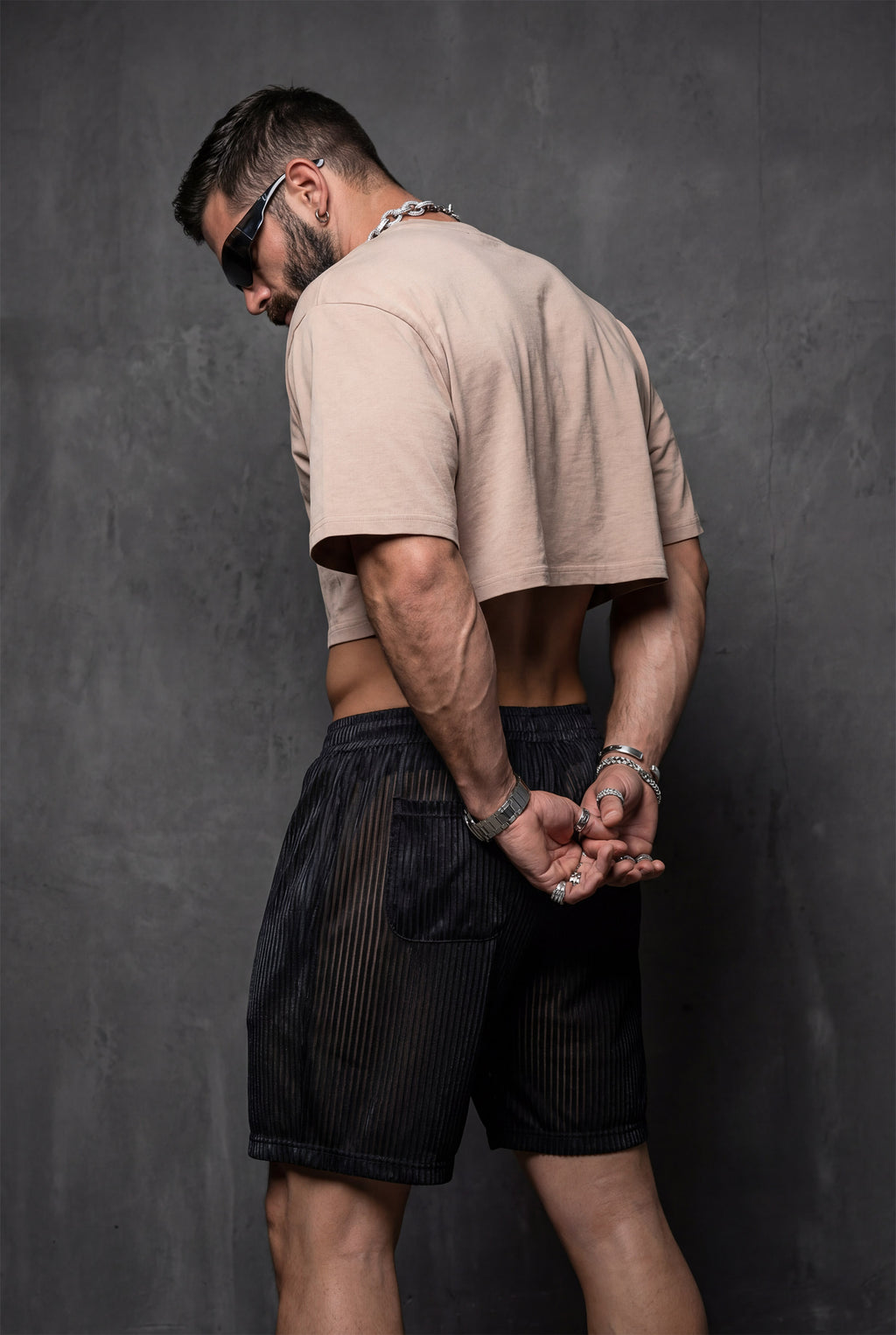 Piel Siyah Metalik Çizgili Transparan Mesh Şort