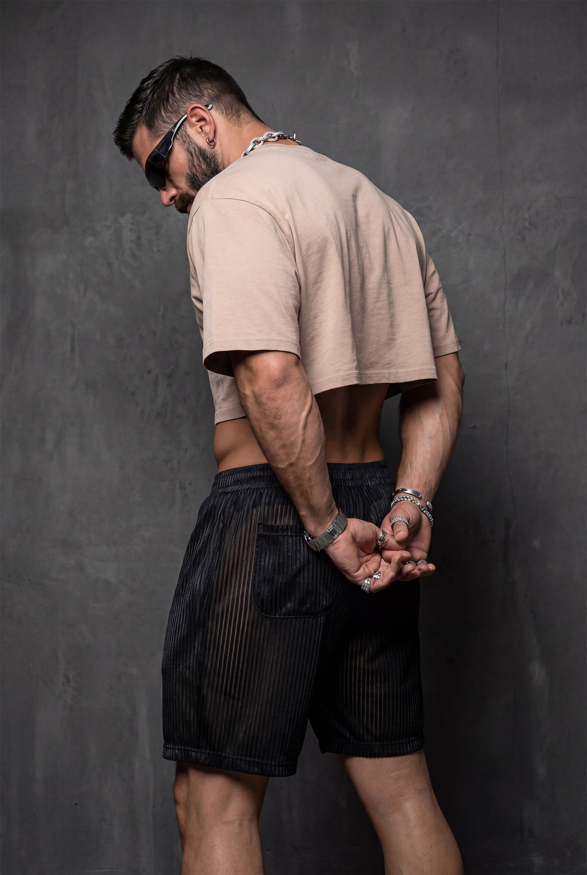 Piel Siyah Metalik Çizgili Transparan Mesh Şort