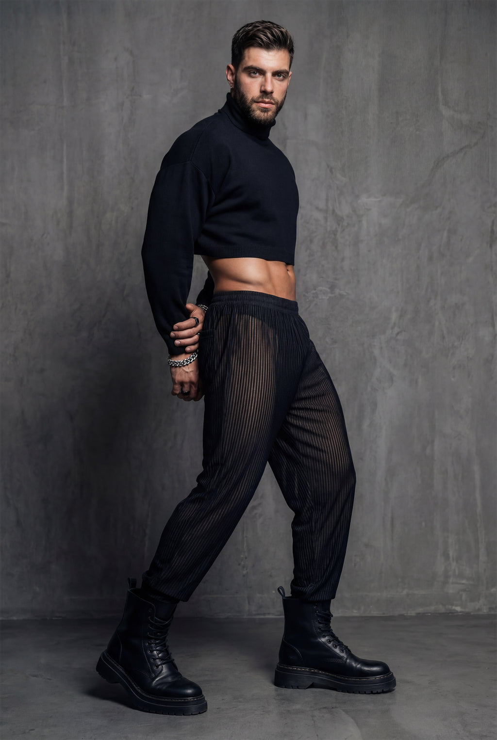 Piel Siyah Metalik Çizgili Transparan Wide-Leg Pantolon