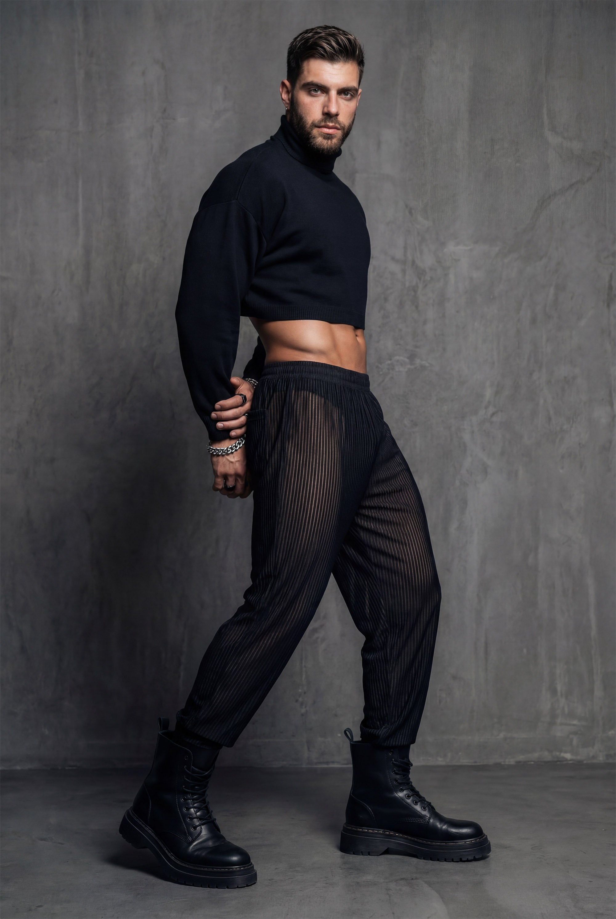 Piel Siyah Metalik Çizgili Transparan Wide-Leg Pantolon