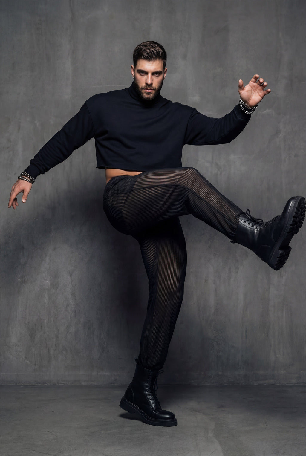 Piel Siyah Metalik Çizgili Transparan Wide-Leg Pantolon