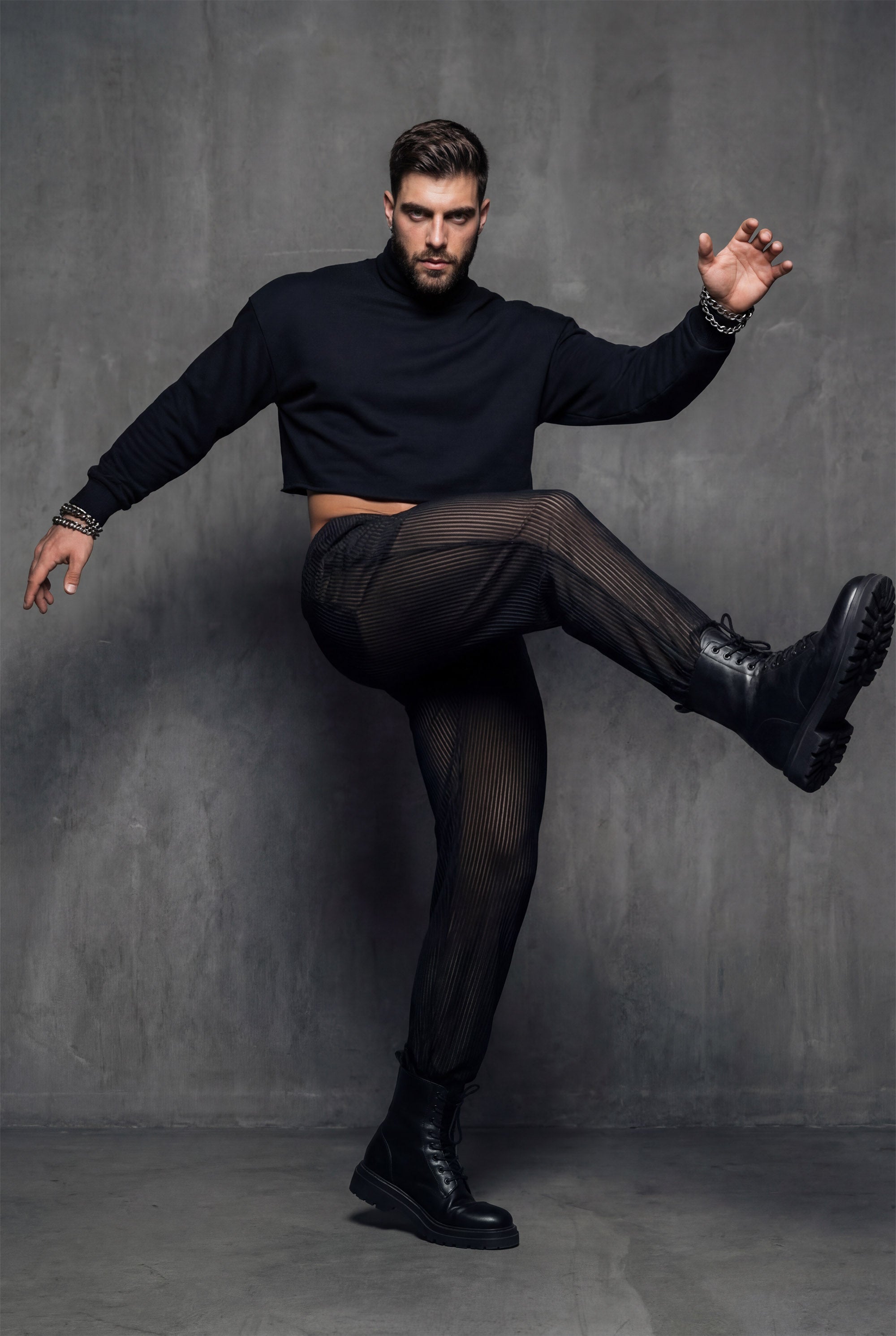 Piel Siyah Metalik Çizgili Transparan Wide-Leg Pantolon