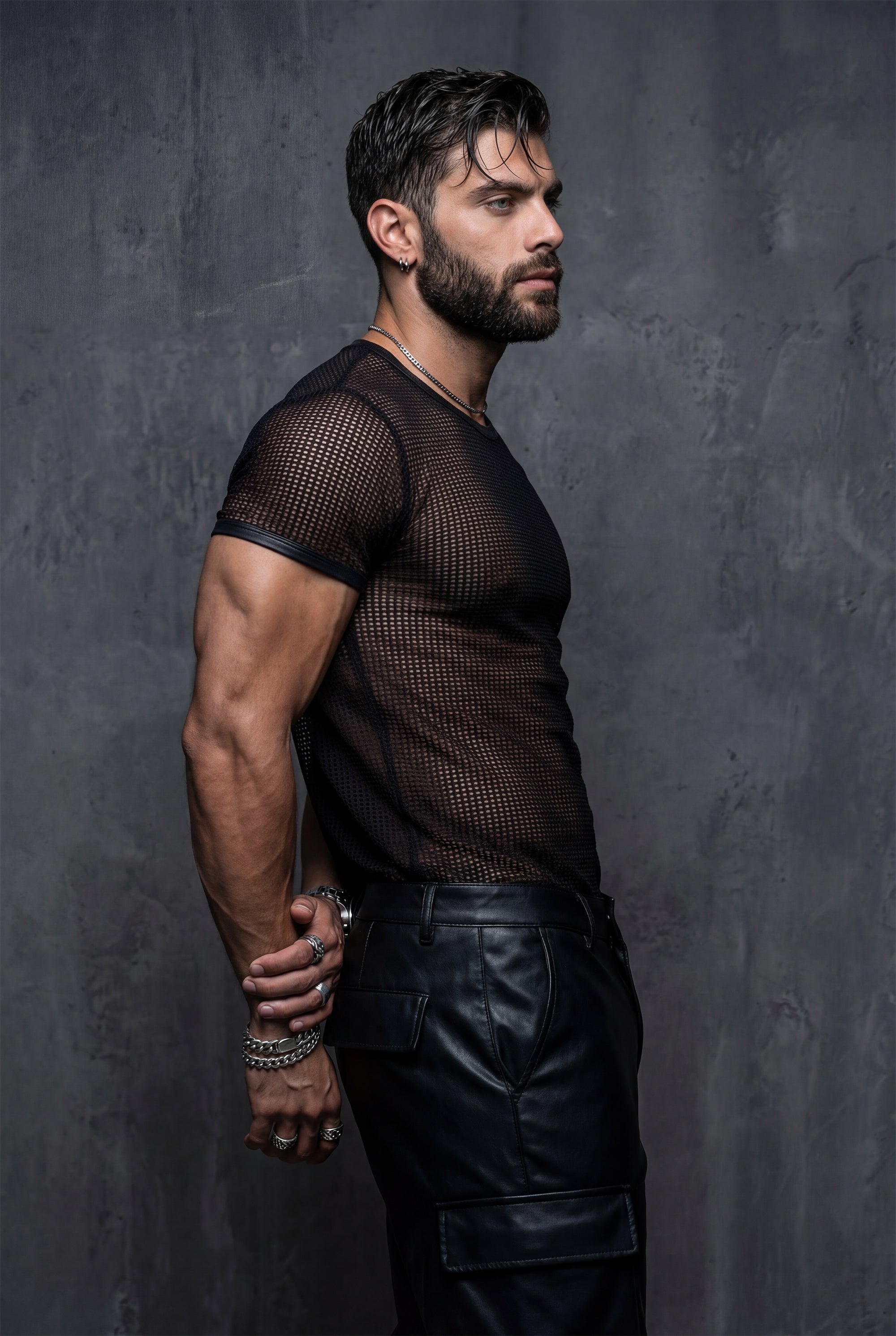 Piel Deri Detaylı File Tshirt