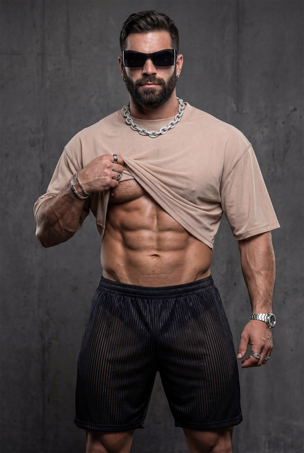 Piel Siyah Metalik Çizgili Transparan Mesh Şort