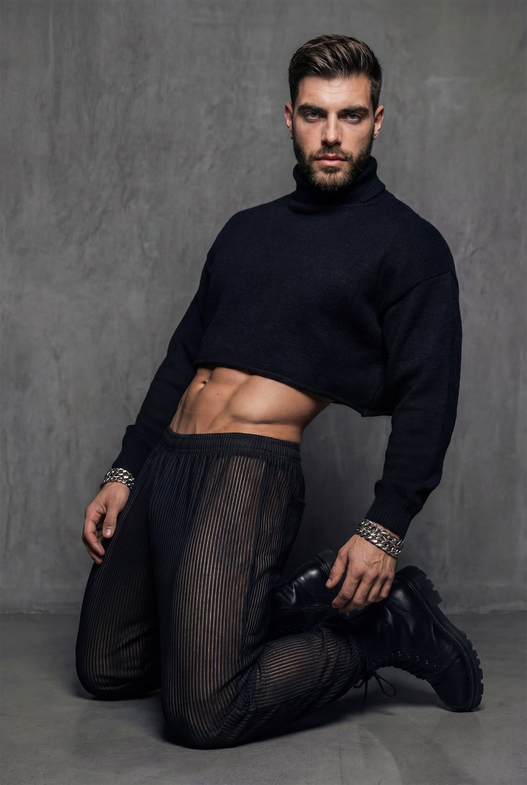 Piel Siyah Metalik Çizgili Transparan Wide-Leg Pantolon