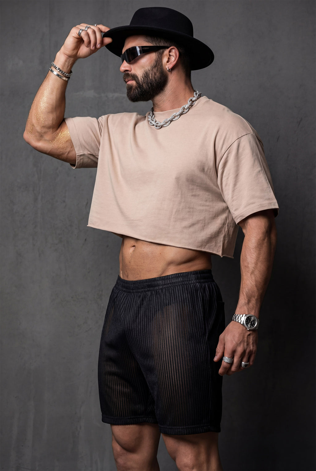 Piel Siyah Metalik Çizgili Transparan Mesh Şort