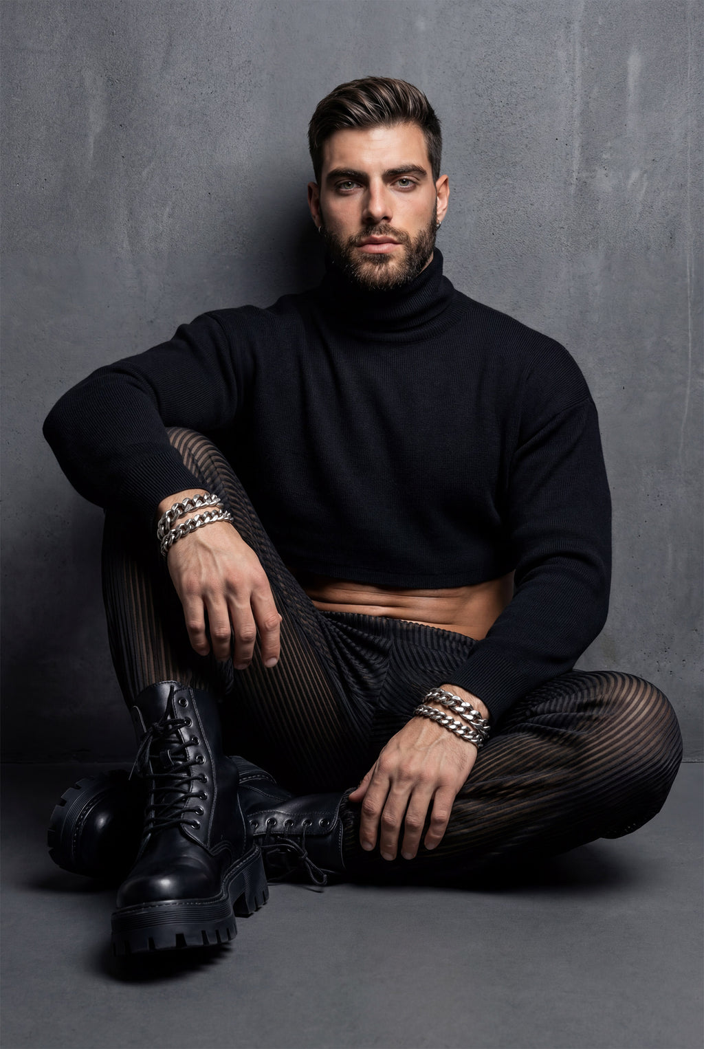 Piel Siyah Metalik Çizgili Transparan Wide-Leg Pantolon