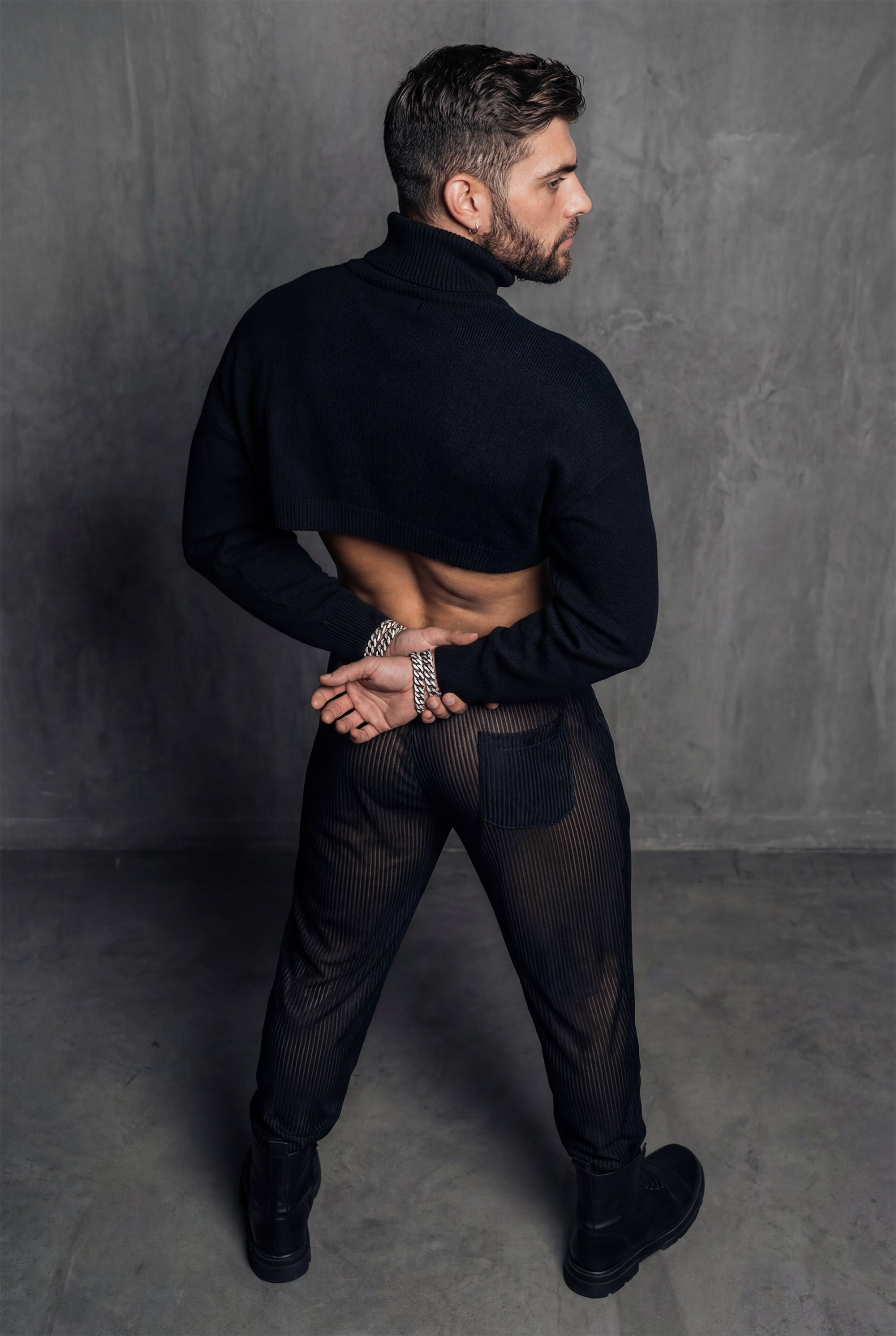 Piel Siyah Metalik Çizgili Transparan Wide-Leg Pantolon