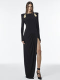 Haleia Yırtmaç Detaylı Uzun Kollu Drapeli Siyah Maxi Elbise