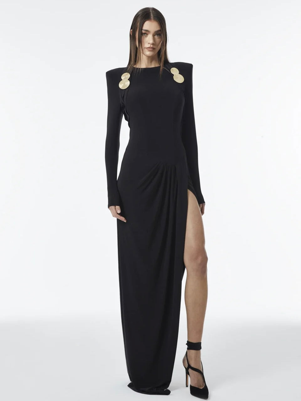 Haleia Yırtmaç Detaylı Uzun Kollu Drapeli Siyah Maxi Elbise
