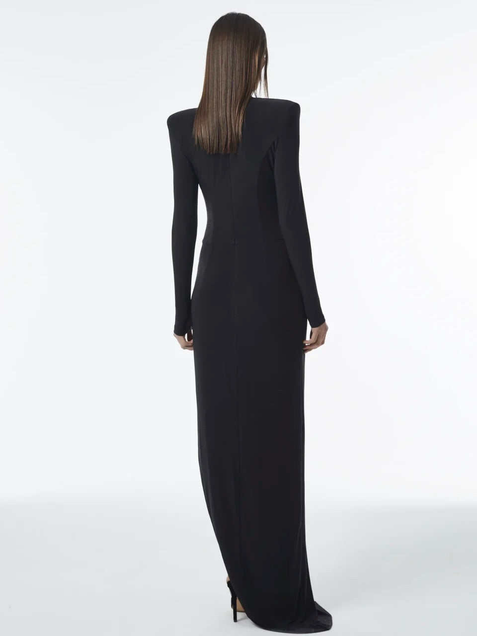 Haleia Yırtmaç Detaylı Uzun Kollu Drapeli Siyah Maxi Elbise