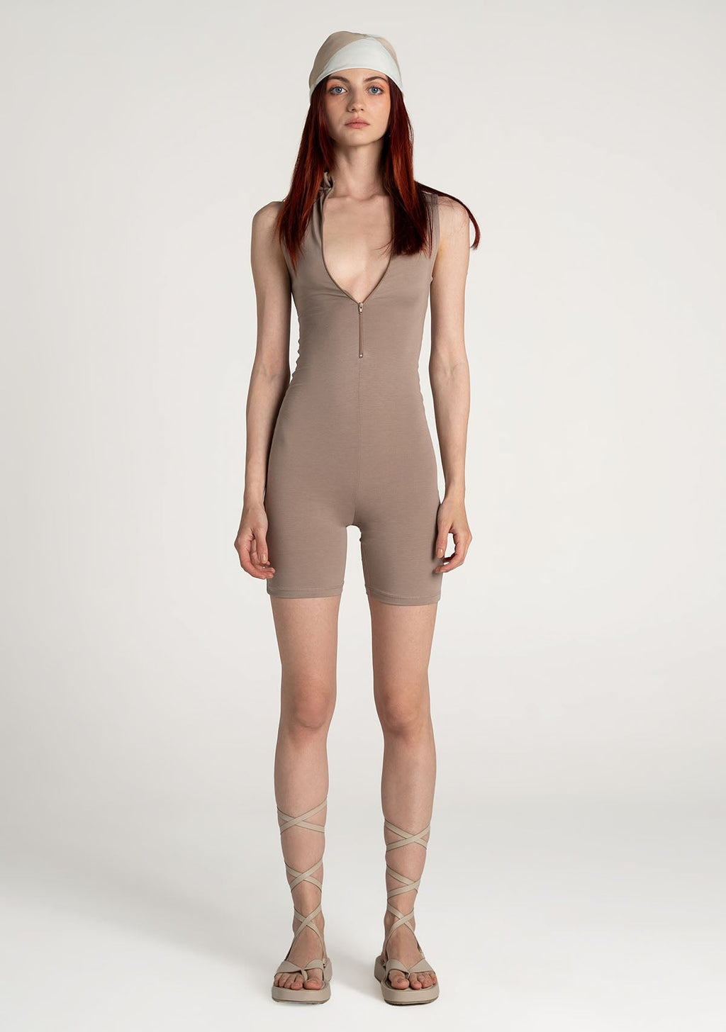 Tiny Açık Kahverengi Önden Fermuarlı Şort Bodysuit ana görünüm