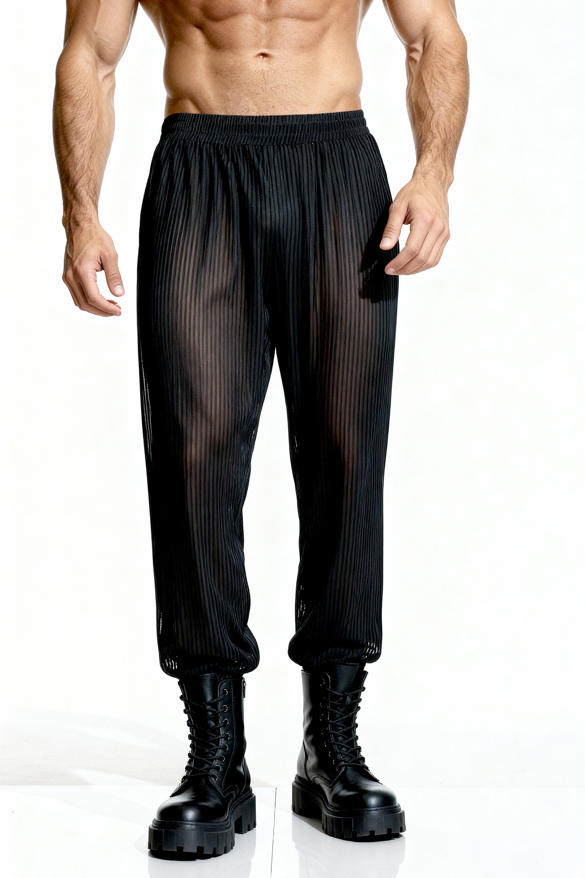 Piel Siyah Metalik Çizgili Transparan Wide-Leg Pantolon