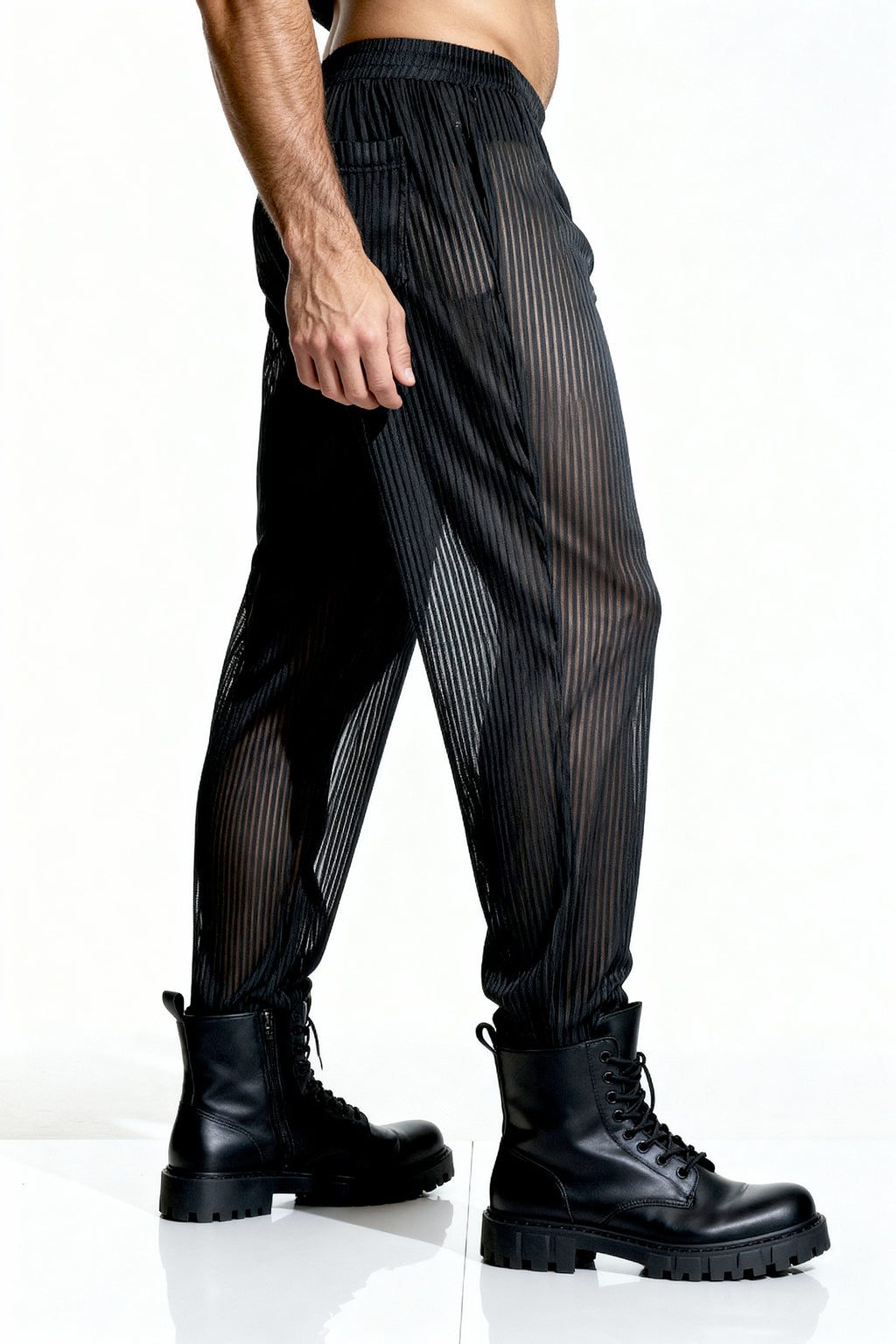 Piel Siyah Metalik Çizgili Transparan Wide-Leg Pantolon