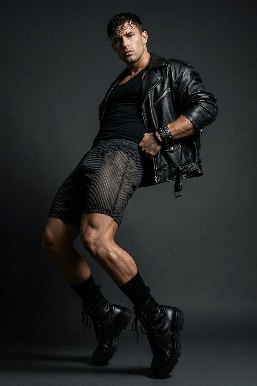 Piel Siyah Metalik Çizgili Transparan Mesh Şort